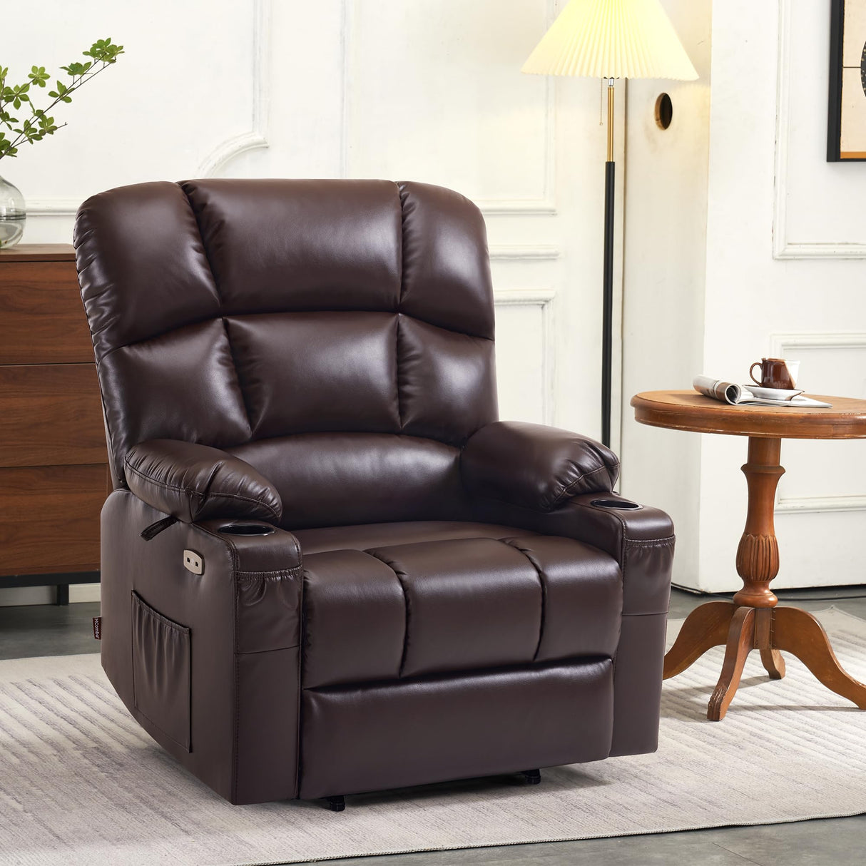 MCombo Large-Wide Lay Flat Dual Motor Power Lift Recliner Chair Sofa with Massage and Heat for Big Elderly People, Infinite Position, Faux Leather R7688 (Dark Brown, Large-Wide) MCombo