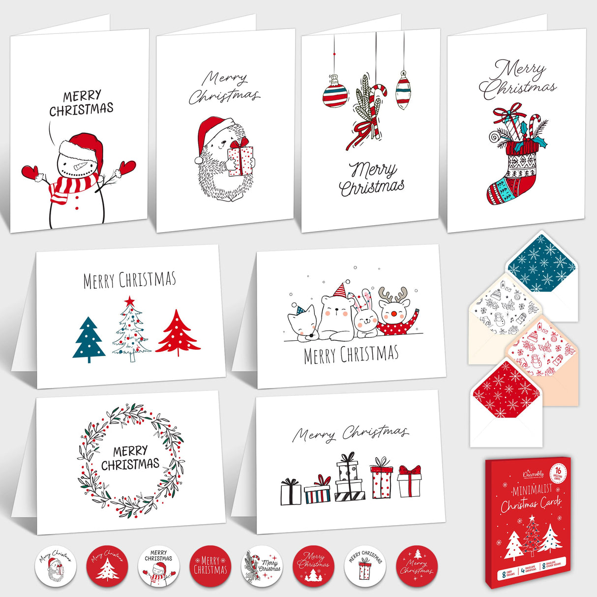 Decorably 16 Pack 5x7in Minimalist Pack of Assorted Christmas Cards with Envelopes and Stickers, 8 Designs Christmas Card with Envelopes with Printed Message Inside Decorably