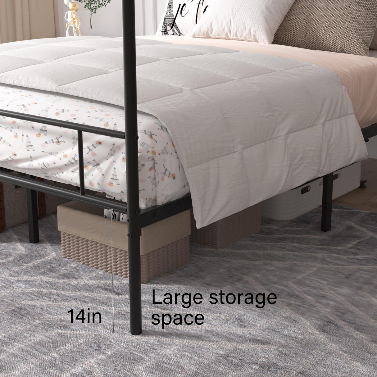 PAUKIN Black Metal Canopy Bed Frame Queen/Mattress Foundation with Steel Slat Support/No Box Spring Needed/Easy Assembly (Black, Queen) PAUKIN