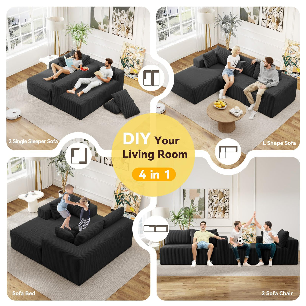Mvpipi Boneless Couches for Living Room, L-Shaped Cloud Couch with Oversized Chaise, Modular Sectional Couch w/Deep Seat, Corduroy Comfy Sofa, No Assembly Couches for Bedroom & Apartment, Black Mvpipi