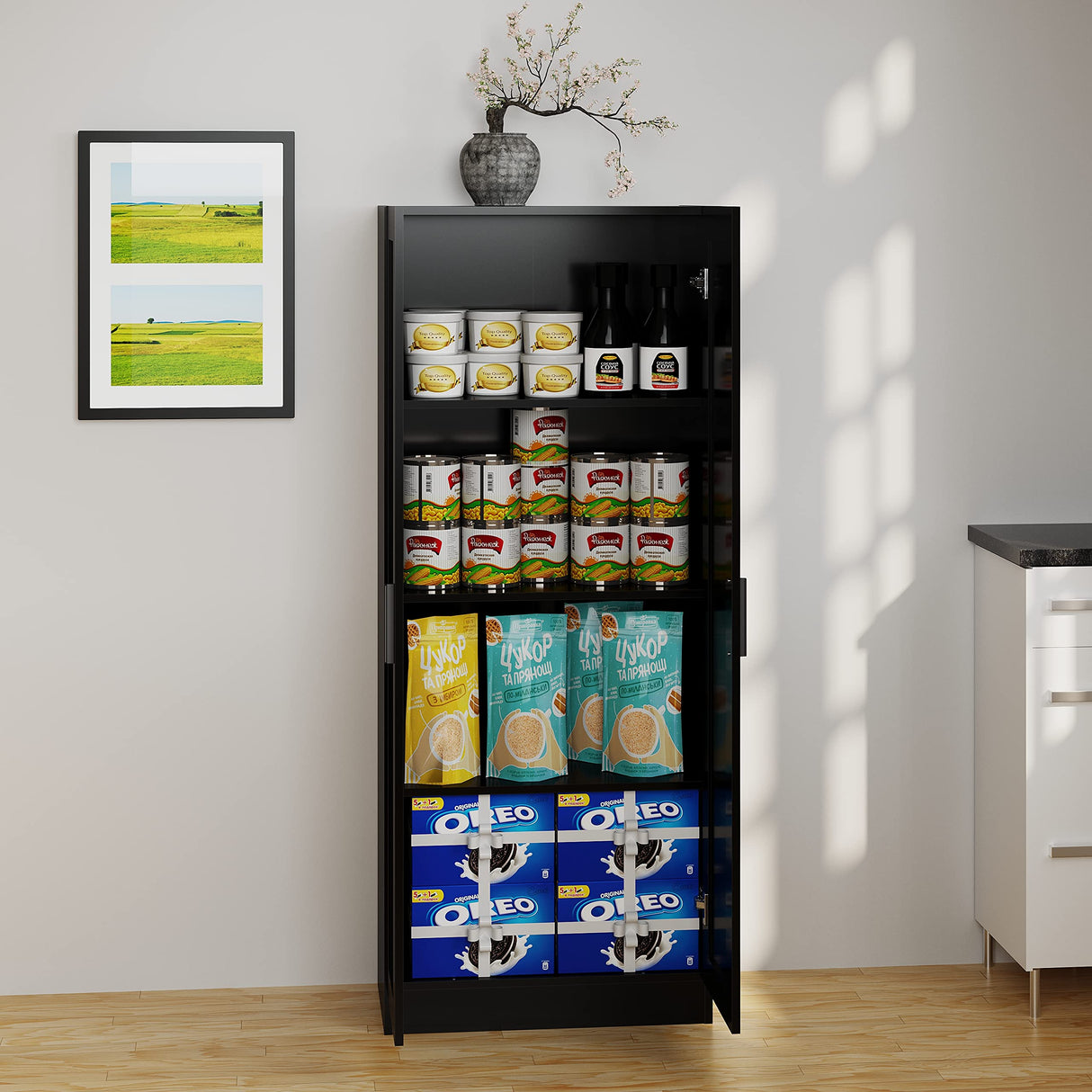 Panana Wooden Storage Cabinet, Narrow Pantry Cabinets Free Standing Tall Storage Cabinet with 2 Doors and Shelves (Black) Panana