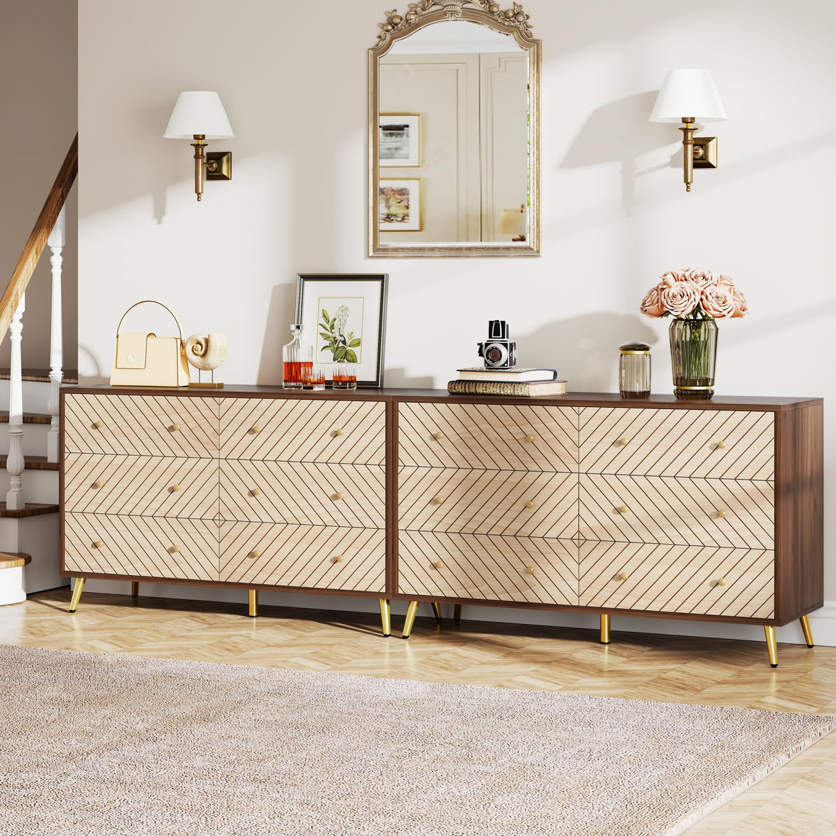 Tribesigns 47-Inch Dresser for Bedroom with 6 Drawers, Double Wide Chest of Drawers with Gold Legs, Wood and Metal Storage Dresser for Closet, 6-Drawer Dressers Cabinet (Dark Brown+Natural) Tribesigns