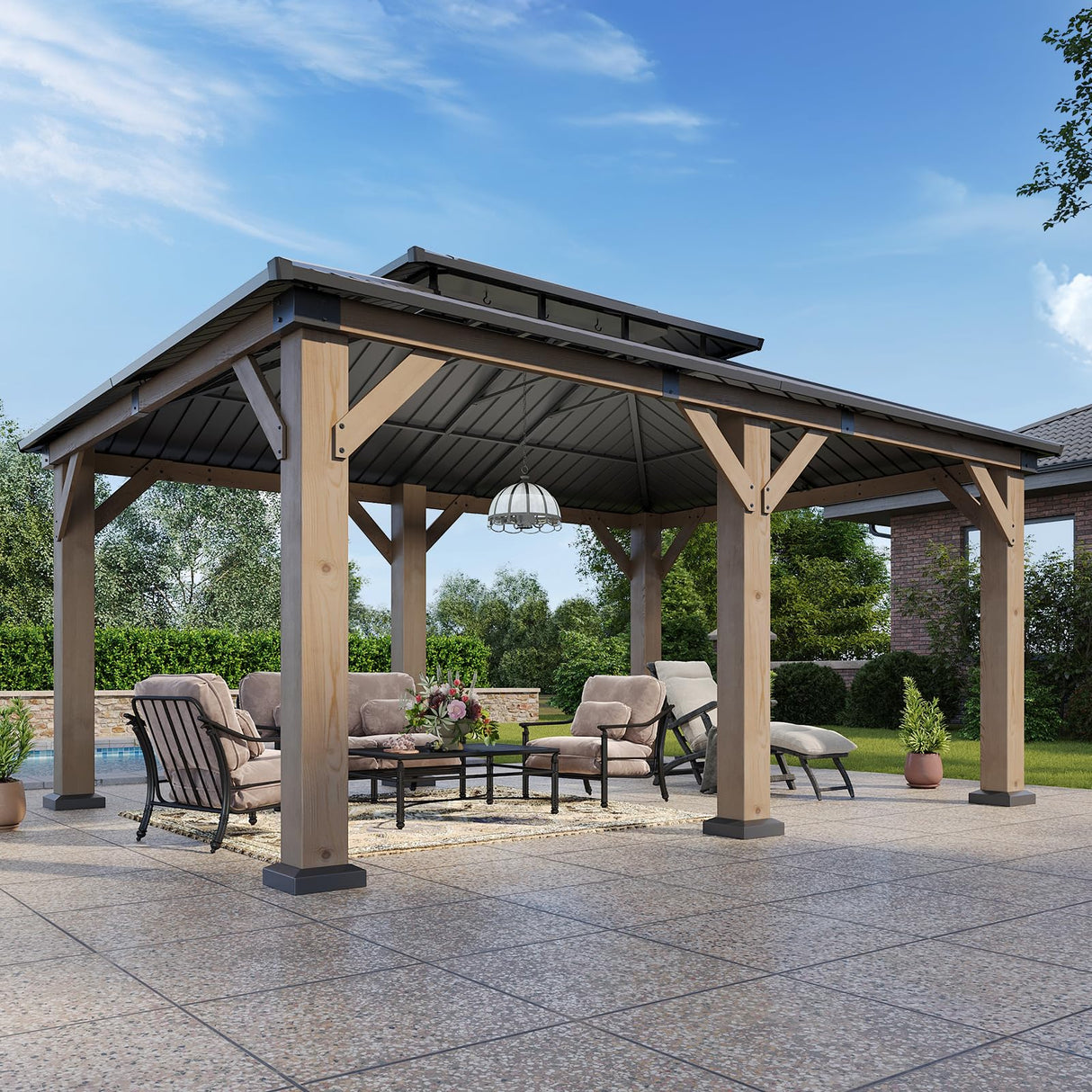 Aoxun 12' x 20' Outdoor Wood Gazebo, Hardtop Gazebo Permanent Wooden Pavilion with Galvanized Steel Double Roof, for Patio, Garden, Backyard, Cedar Wood Aoxun