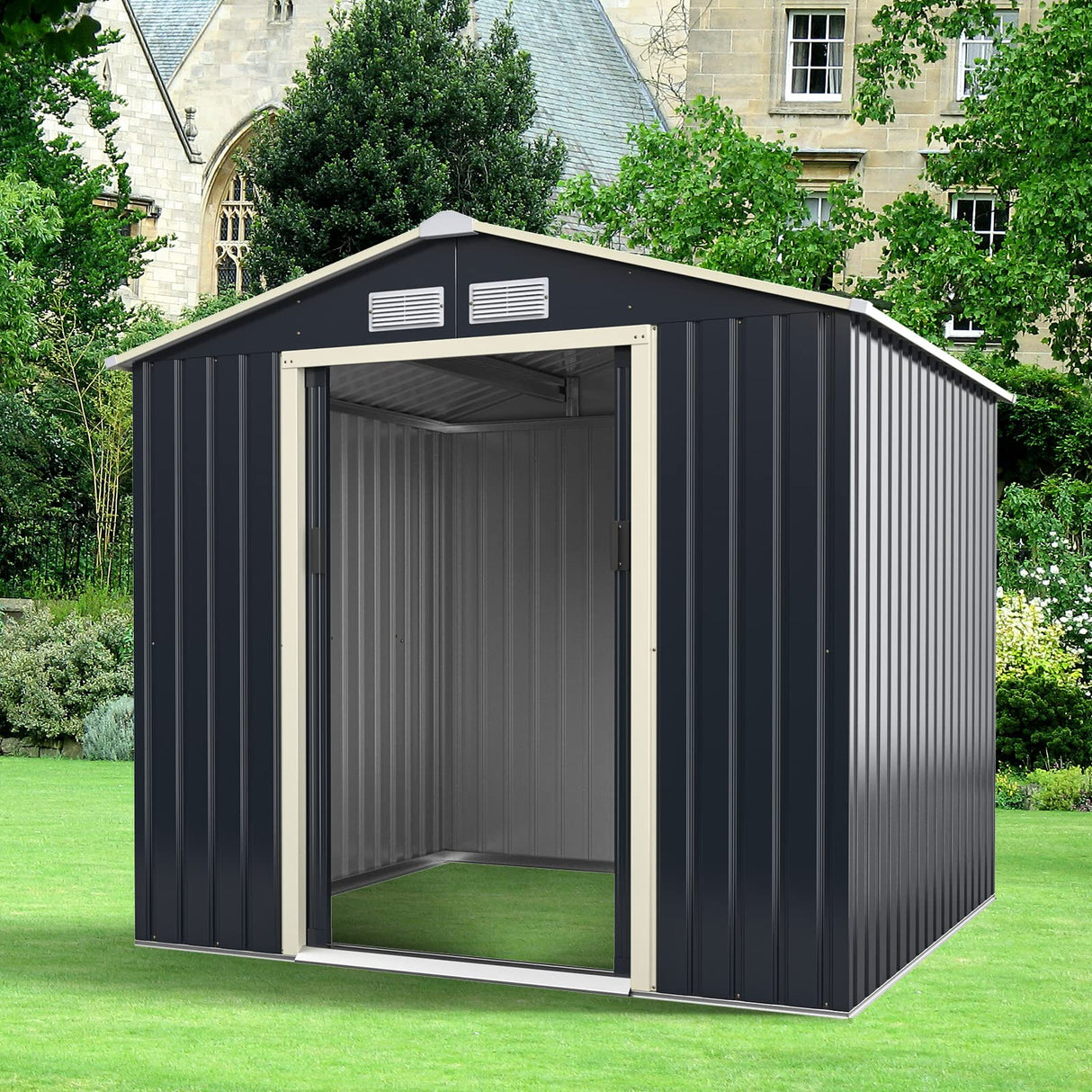 IRONMAX Outdoor Storage Shed, 7x6 FT Galvanized Steel Lean to Garden Shed, Heavy Duty Tool Storage House with Sliding Doors & Air Vents, for Bicycles, Lawnmowers, Backyards, Patios, Lawns, Grey IRONMAX