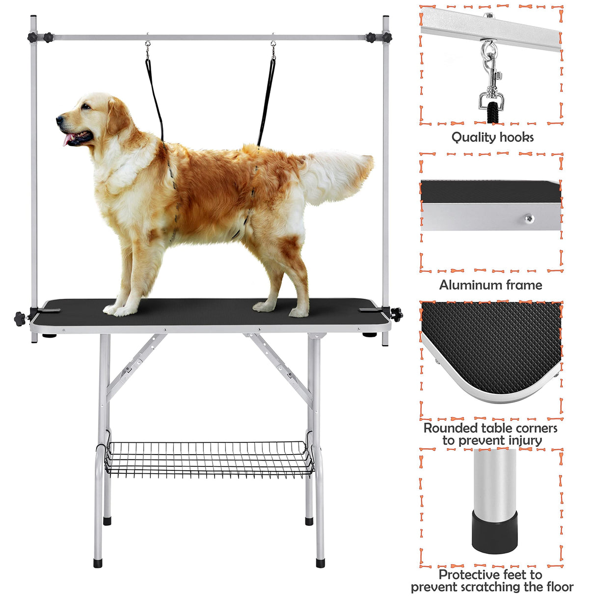 Yaheetech 46'' Pet Grooming Table for Large Dogs Adjustable Height Portable Trimming Table Drying Table w/Arm/Noose/Mesh Tray Maximum Capacity Up to 265Lb, Black Yaheetech