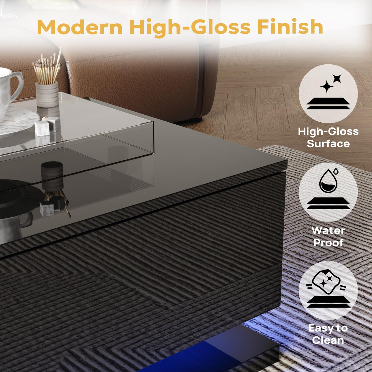 holzart Modern High Gloss Coffee Table with LED Lights & Storage, Black 2-Tier Rectangular Table with Tempered Glass Top and Drawer, Center Table for Living Room, Gaming & Movie Night holzart