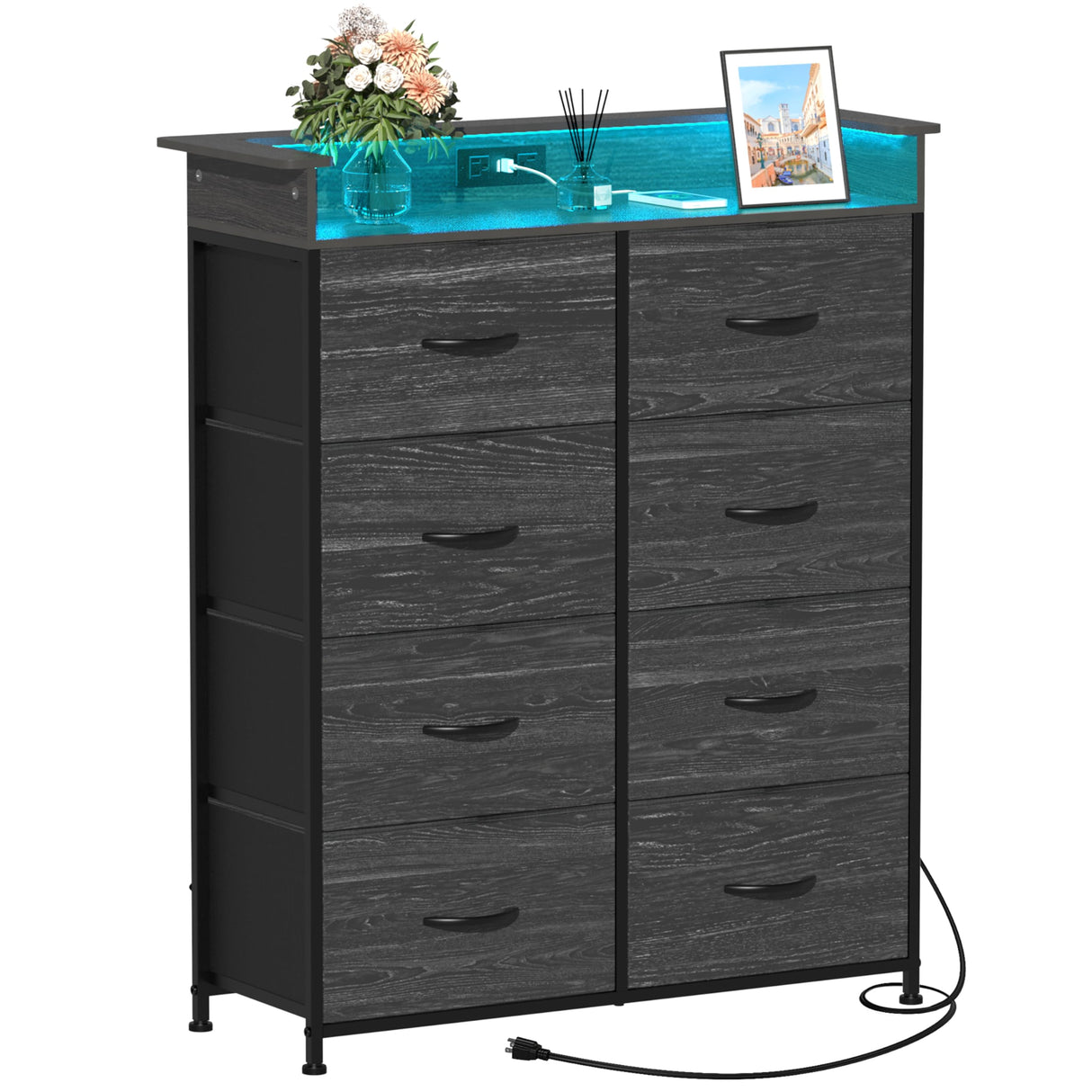 Welfuturer Fabric Dresser for Bedroom with LED Light and Charing Station Tall Dresser with 8 Drawers Black Dresser & Chest of Drawer for Closet Living Room Hallway Entryway Sturdy Steel Frame Wood Top Welfuturer