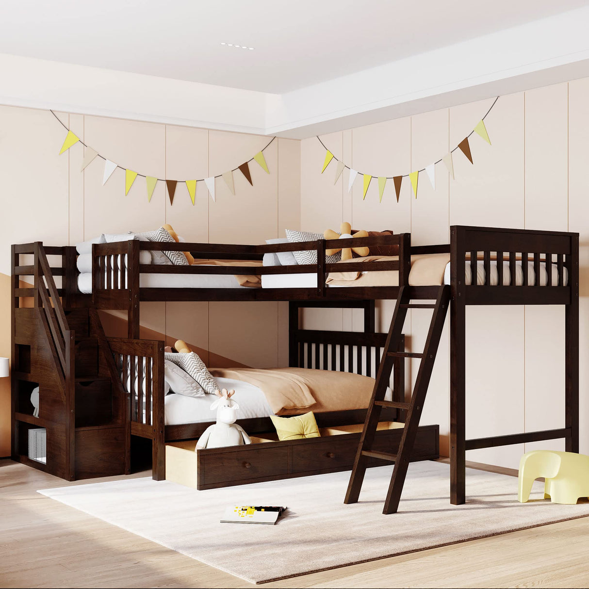 CITYLIGHT Twin Over Full L-Shaped Triple Bunk Bed for Kids, Wooden Corner Bunk Bed with 3 Storage Drawers Attached a Twin Loft Bed,Bunk Beds with Stairs and Ladder for Boys Girls Teens,Espresso CITYLIGHT