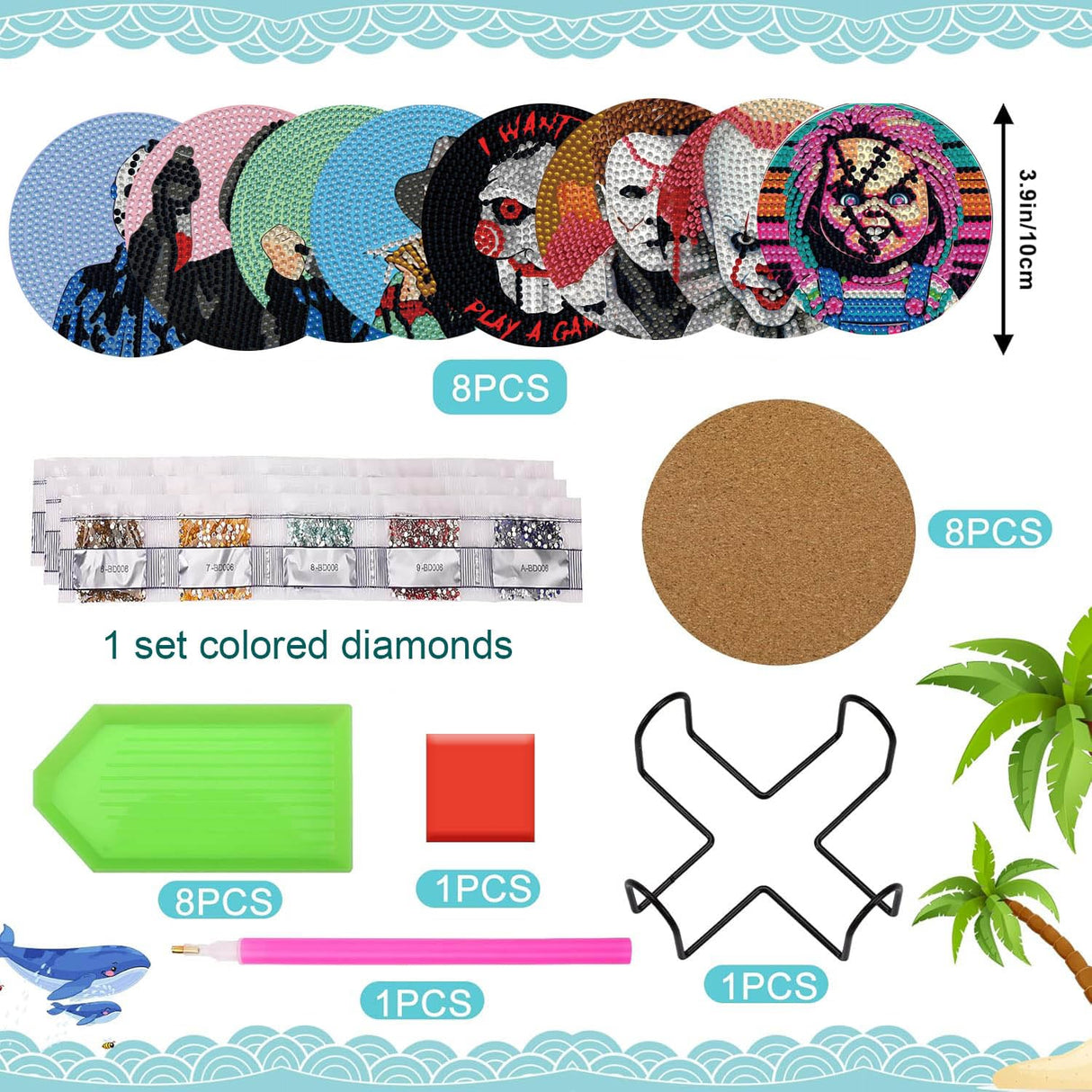 8 PCS Halloween Diamond Art Coasters Kits, Diamond Painting Coasters with Holder Set of 8, DIY Drink Coasters Art Crafts Supplies for Adults Cup Mat for Home Decor House Warming Gifts Non-Slip YSUNETER