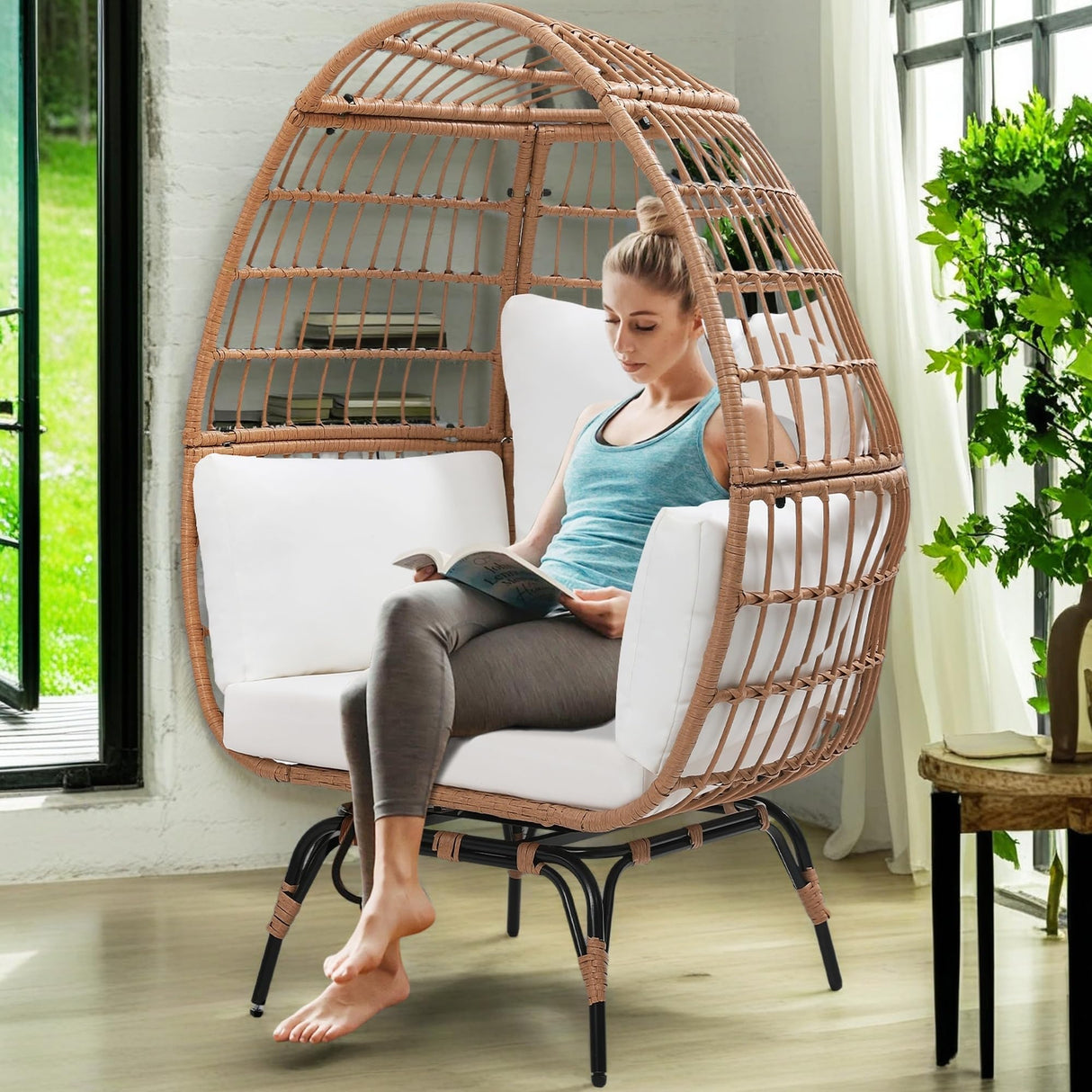 Murago Oversized 360 Swivel Rattan Egg Chair for Adult, Indoor Outdoor Patio Large Wicker Egg Chair with overstuffed Cushions, 440lb Weight Capacity, Natural Rattan with Beige Cushion Murago