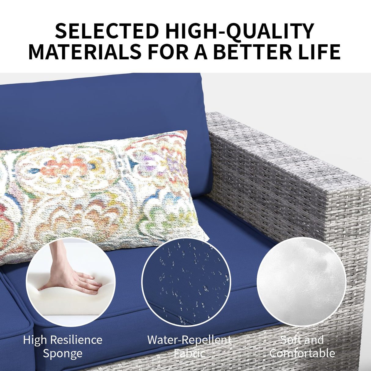 7 Piece Patio Furniture Set, Wicker Outdoor Sectional Sofa with Washable Cushion Covers and Tempered Glass Table, Rattan Conversation Set for Poolside, Lawn, Balcony (Navy Blue, Gray-white Rattan) SHGJ&SOFT