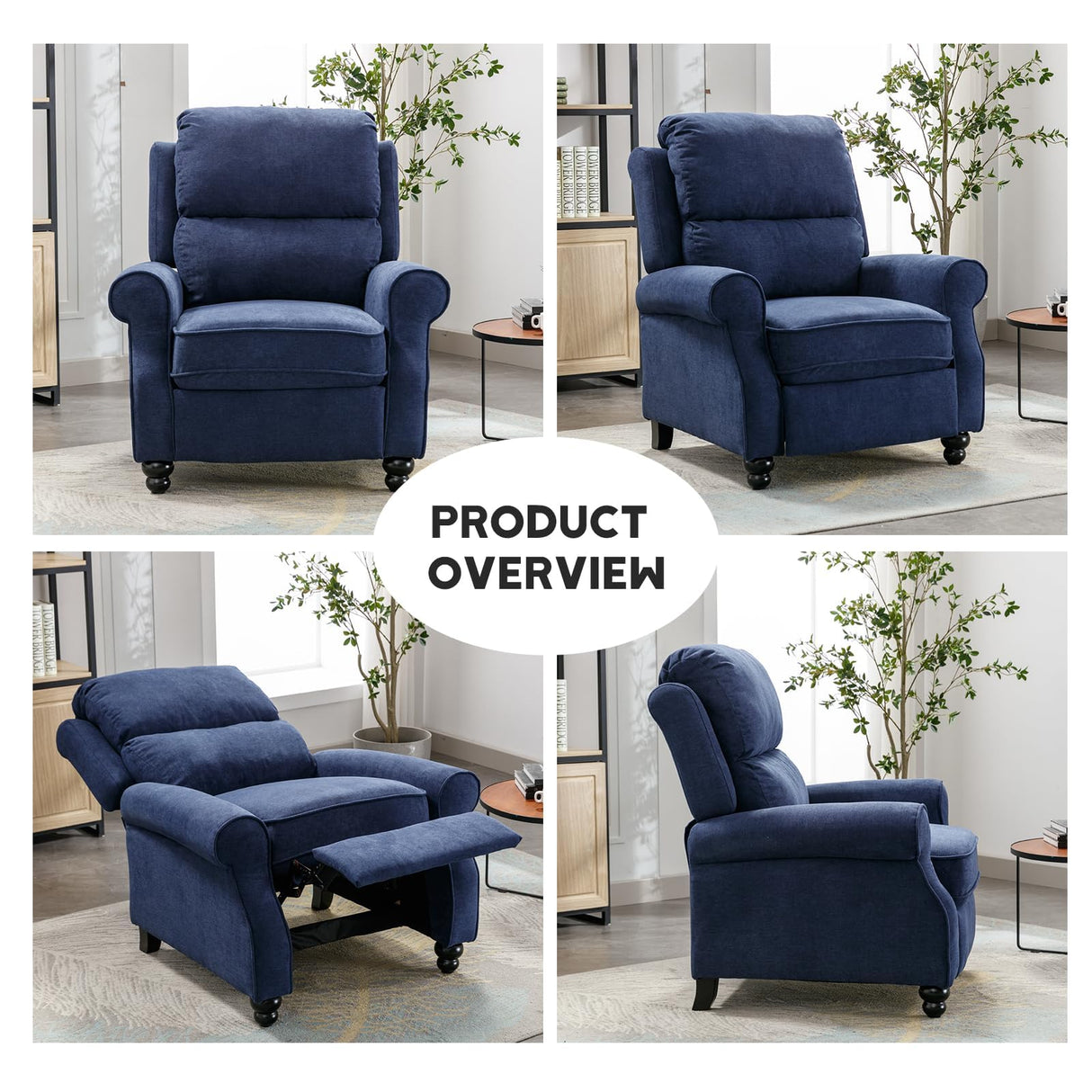 Bonzy Home Pushback Recliner Chair Set of 2, Push Back Reclining Chair with Padded Seat, Comfy Fabric Recliner for Living Room Bedroom Home Theater, Navy Blue Bonzy Home