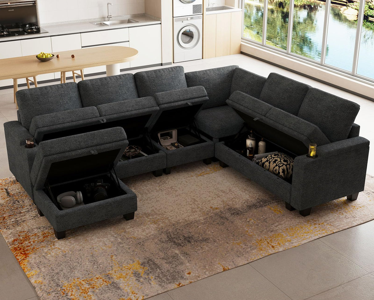 Belffin Chenille Modular Sectional Sofa Convertible L Shaped Corner Couches for Living Room with Storage Armrest with Cup Holder Dark Grey Couch Belffin