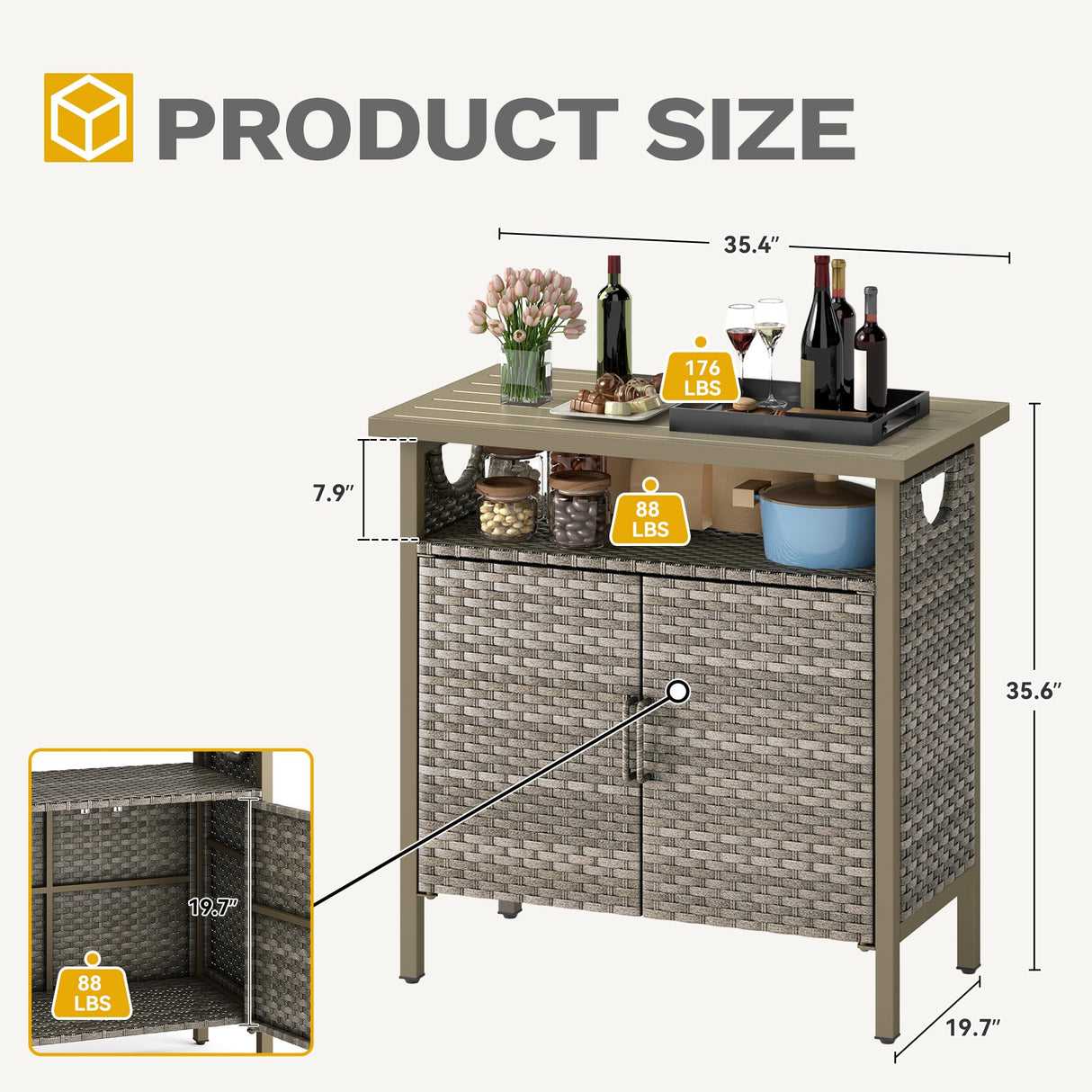 DWVO Patio Storage Cabinet, Outdoor Buffet Cabinet with Two Doors and Shelves, Outdoor Storage Table with PE Rattan for Patio, Backyard, Garden - Light Brown DWVO