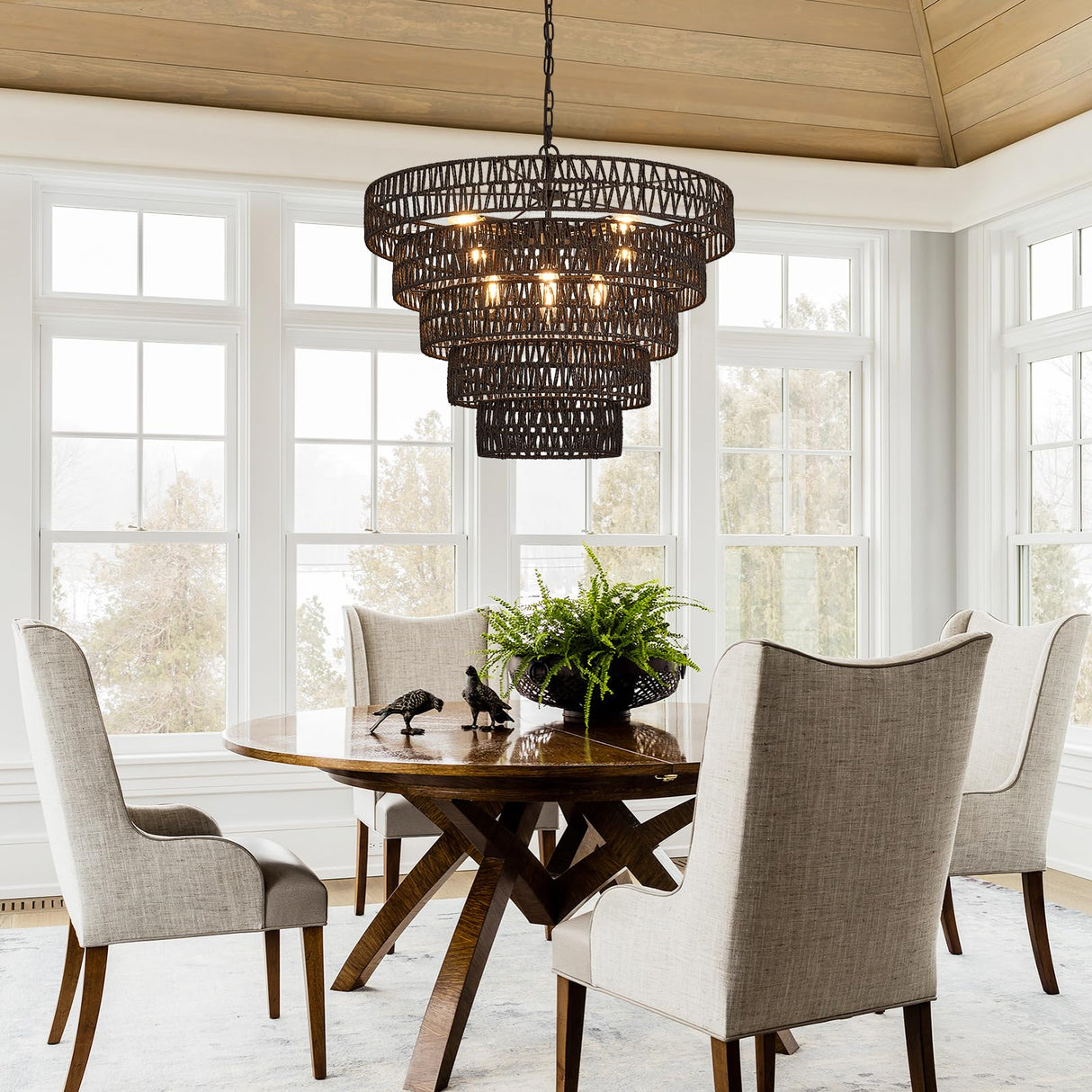 Widluth 25.6” Black Hand-Woven Rattan Chandelier Vintage Farmhouse 8-Lights Boho Large Bamboo Chandelier Light Fixture Retro 5-Tier Drum Wicker Chandelier for Dining Room, Kitchen, Bedroom, E12 Widluth