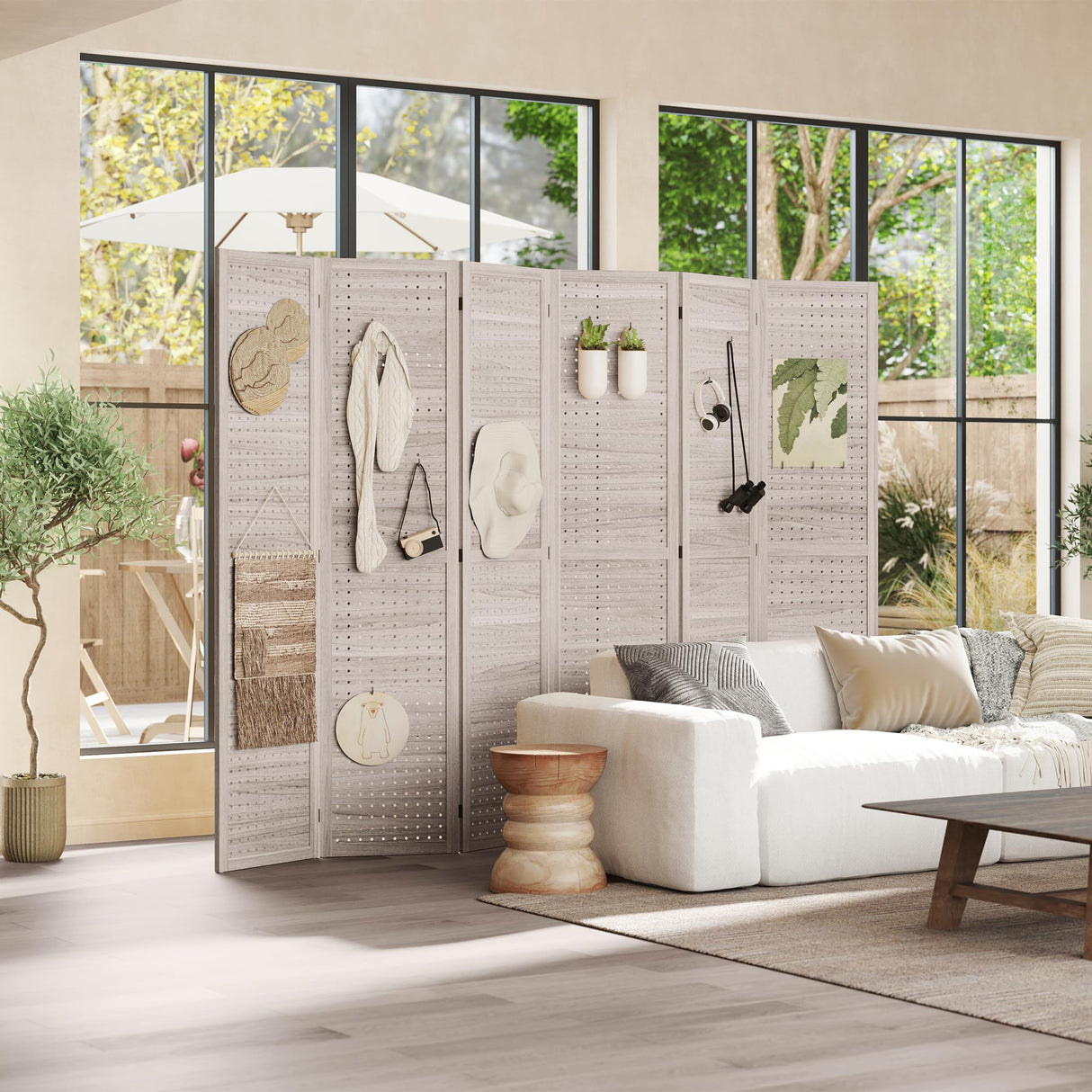 HOMCOM 6 Panel Pegboard Display with 500 Hook Holes, Wood Room Divider Wall, 5.6Ft Folding Privacy Screens, Portable Freestanding Wall Organizer for Bedroom Reading Room, Natural HOMCOM