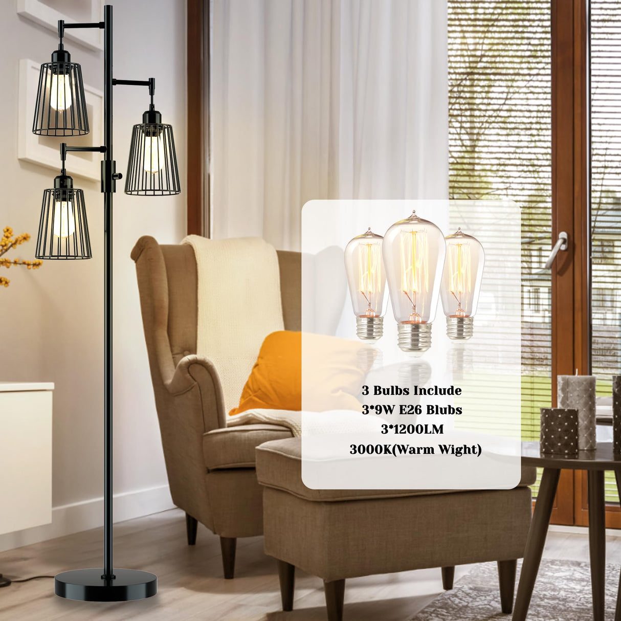 COFF Industrial Floor Lamp, 3 x 1200LM Edison LED Bulbs Included, Bright 3-Light Dimmable Floor Lamp, Farmhouse Tall Standing Lamp for Living Room, Bedroom Office Rustic Home Decor (Matte Black) COFF
