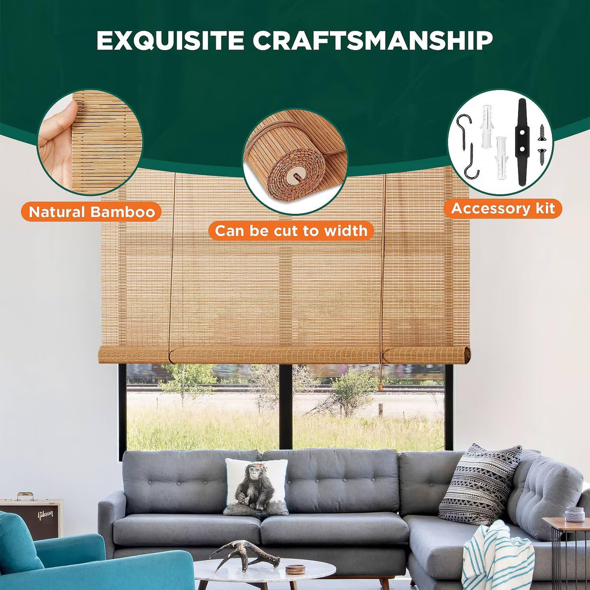Bamboo Blinds for Interior Windows, Easy to Install Bamboo Shades for Indoor Windows, Custom Roller Shades for Indoor Window and Outdoor Patio, 23" W x 48" H BAYUE