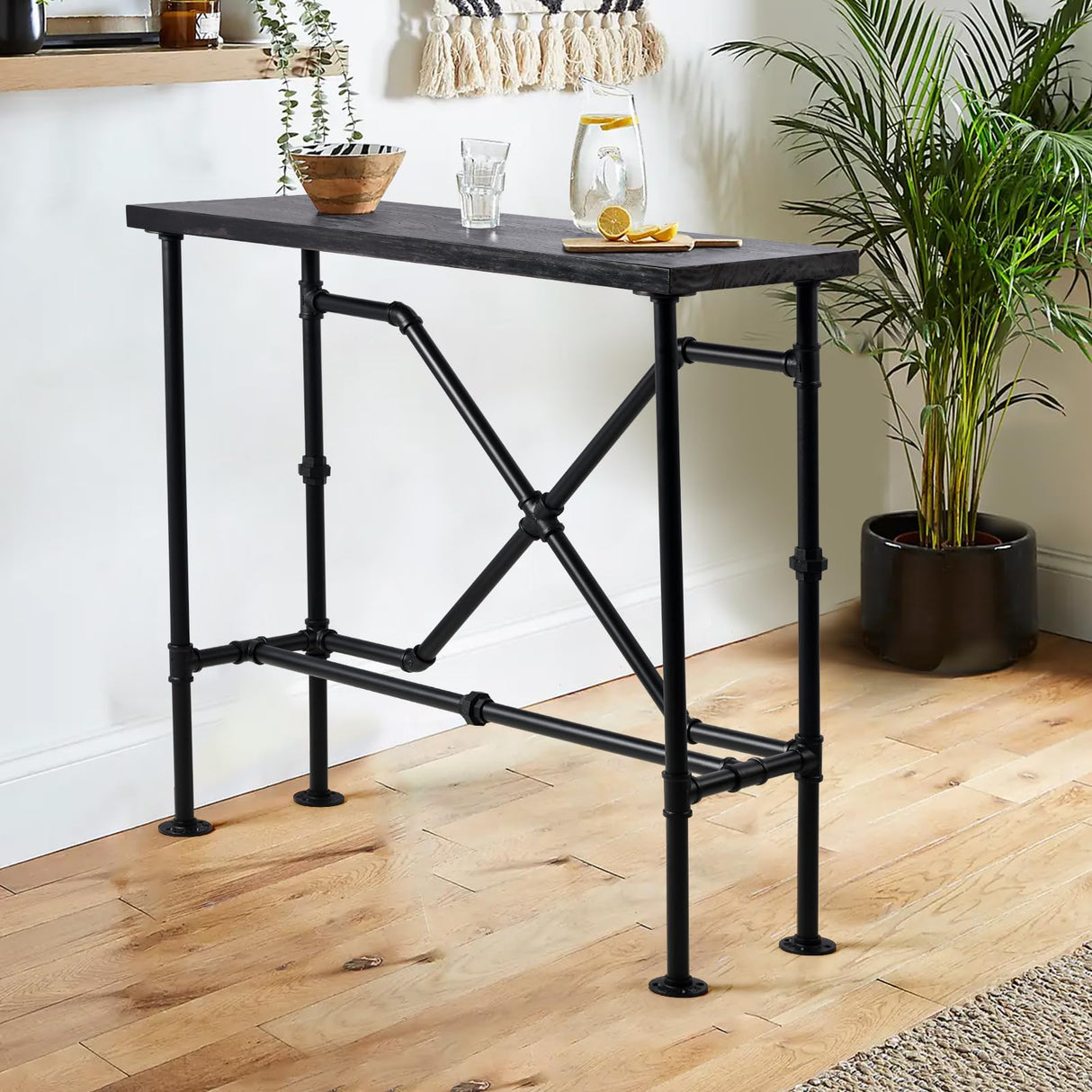 Narrow Industrial Bar Table in Rustic Walnut - 47.24" High Top for Small Spaces LOKKHAN