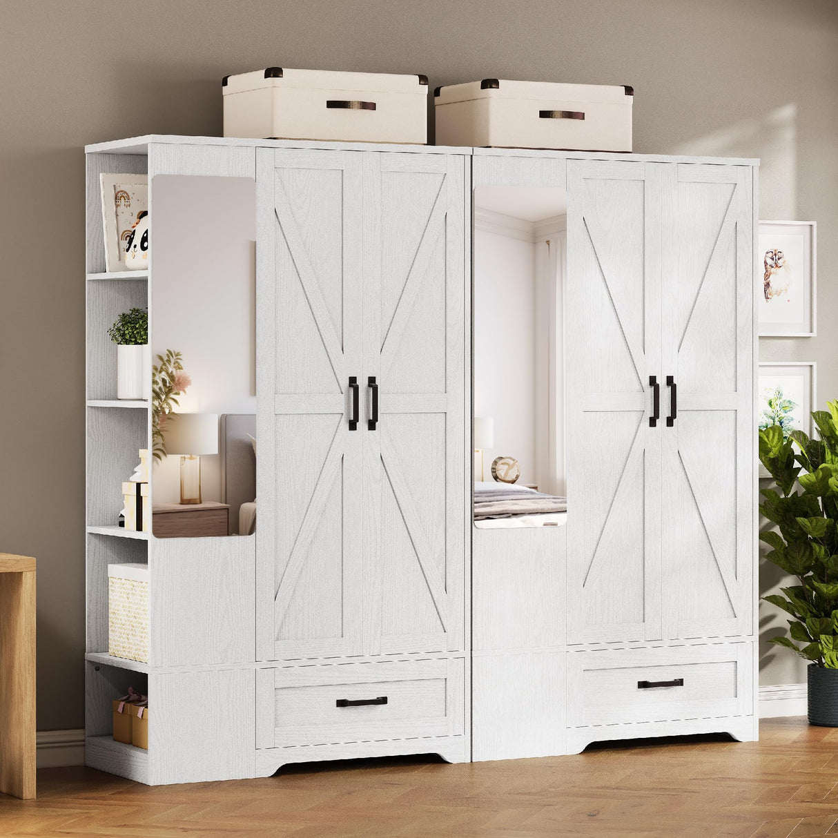LIKIMIO Armoire Wardrobe Closet 70 Inches, Large Storage with Mirror, 2 Doors, Drawer, and Shelves, Modern Bedroom Freestanding Wooden Wardrobe Combination with Hanging Rail, White LIKIMIO
