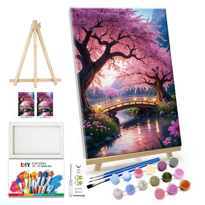 JOOZ Paint by Numbers Kit for Adults with Frame Moon Paint by Number with Easel Tree Adult Paint by Number Kits Framed Canvas Mountain Waterfall Oil Painting Kits for Gift Home Wall Decor 8x12 Inch