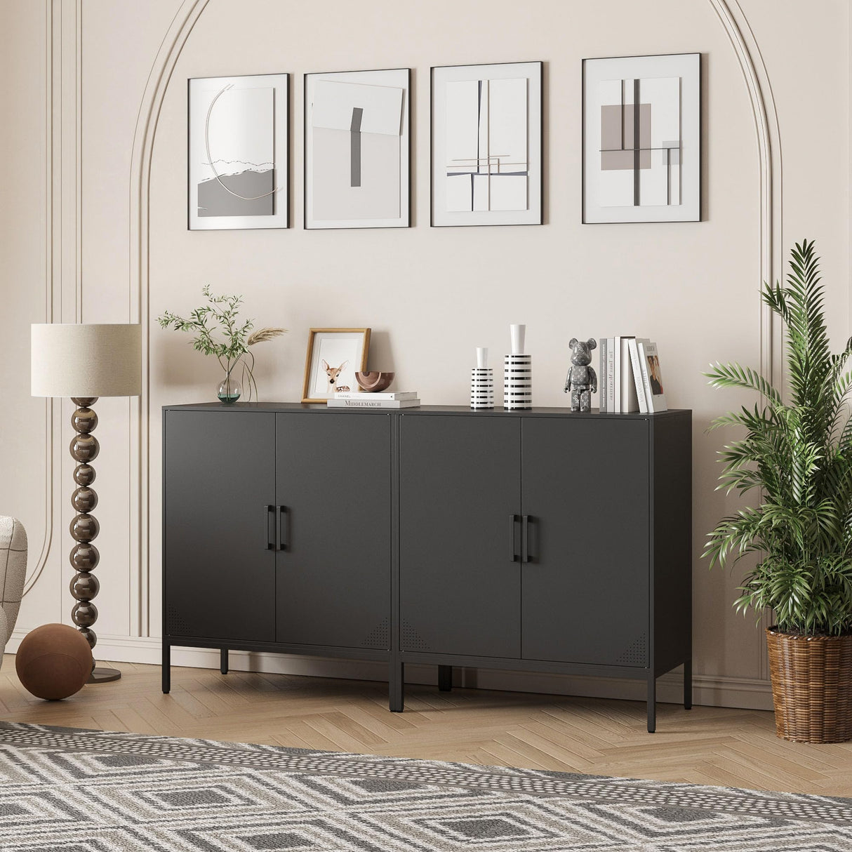 Steehoom Metal Storage Cabinet with Adjustable Shelves, Steel Buffet Sideboard for Entryway, Living Room, Dining Room, Kitchen, Office, Bar (Black) Steehoom