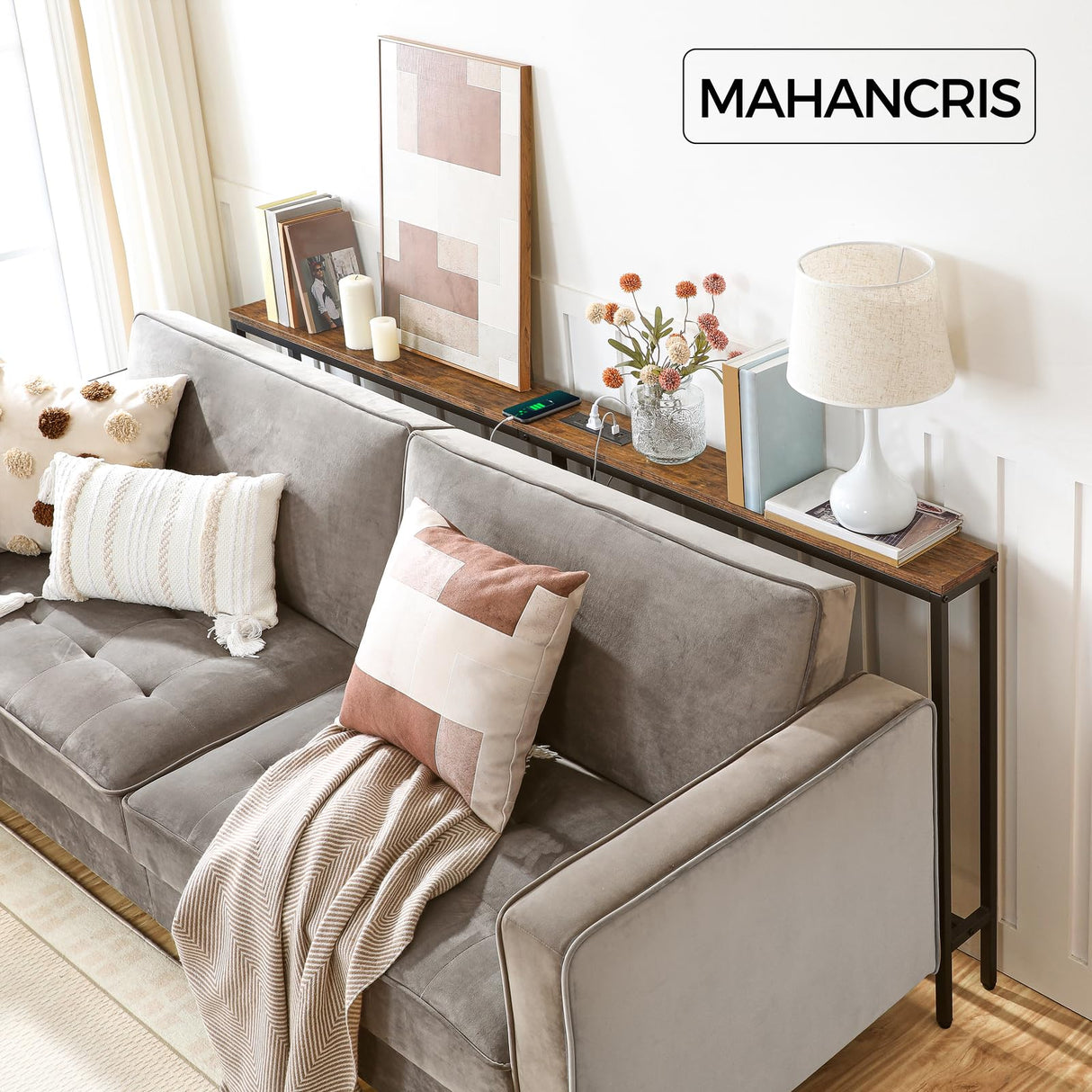 MAHANCRIS Skinny Console Table with Power Outlets, 70.9" Narrow Sofa Table, Behind Couch Table with Charging Station, Sofa Hallway Table for Plants, Living Room CTHR185E01 MAHANCRIS