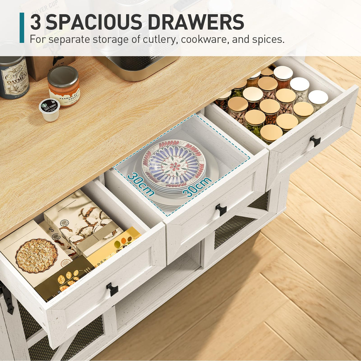 RALGEND Kitchen Island with Storage, Kitchen Cart with Charging Station, Rolling Kitchen Island Table with Drop-Leaf, 3 Drawers, Barn Doors, Towel Rack and Spice Rack, White and Natural RALGEND