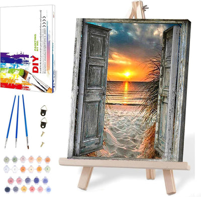 MIRCVSH Sunset Beach Paint by Numbers for Adults-Landscape Paint by Number on Canvas with Wooden Framed,DIY Acrylic Oil Painting by Number Kits for Adults Gift Home Wall Decor(12x16inch)