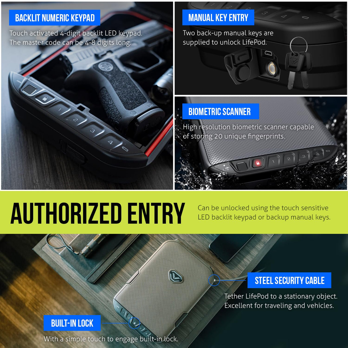 VAULTEK LifePod Secure Waterproof Travel Case Rugged Electronic Lock Box Travel Organizer Portable Handgun Case with Backlit Keypad (Covert Black) (Biometric) VAULTEK