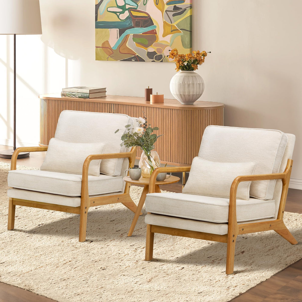COLAMY Mid Century Modern Accent Chair Set of 2 with Lumbar Pillow, Relaxing Armchair with Solid Wood Frame & Soft Cushion, Reading Leisure Chair for Living Room(Beige) COLAMY