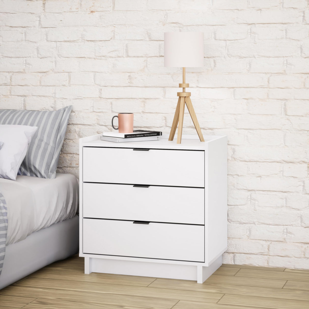 Prepac Simply Modern Nightstand Bedside Table, White Nightstand for Bedroom, End Table with 3 Drawers 26.5" W x 26.75" H x 16" D Prepac