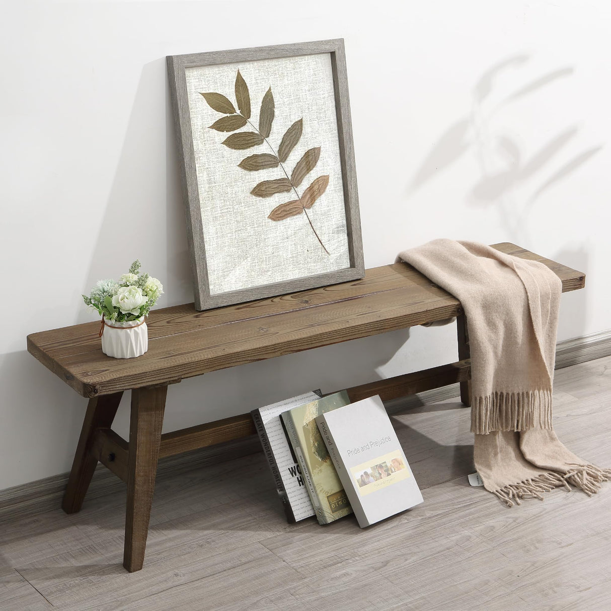 Wnutrees 47" Farmhouse Wood Bench, Dining Room Bench, Entryway Bench for Living Dining Room, Solid Wood, Easy to Assemble, Brown Wnutrees