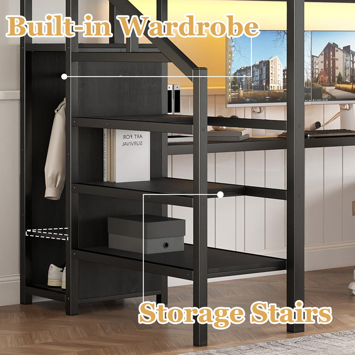 Bellemave Full Size Metal Loft Bed with L Shaped Desk and Wardrobe, Heavy Duty Loft Bed Frame with Storage Stairs, LED Loft Bed Frame with Charging Station & Safety Guardrails, Black Bellemave