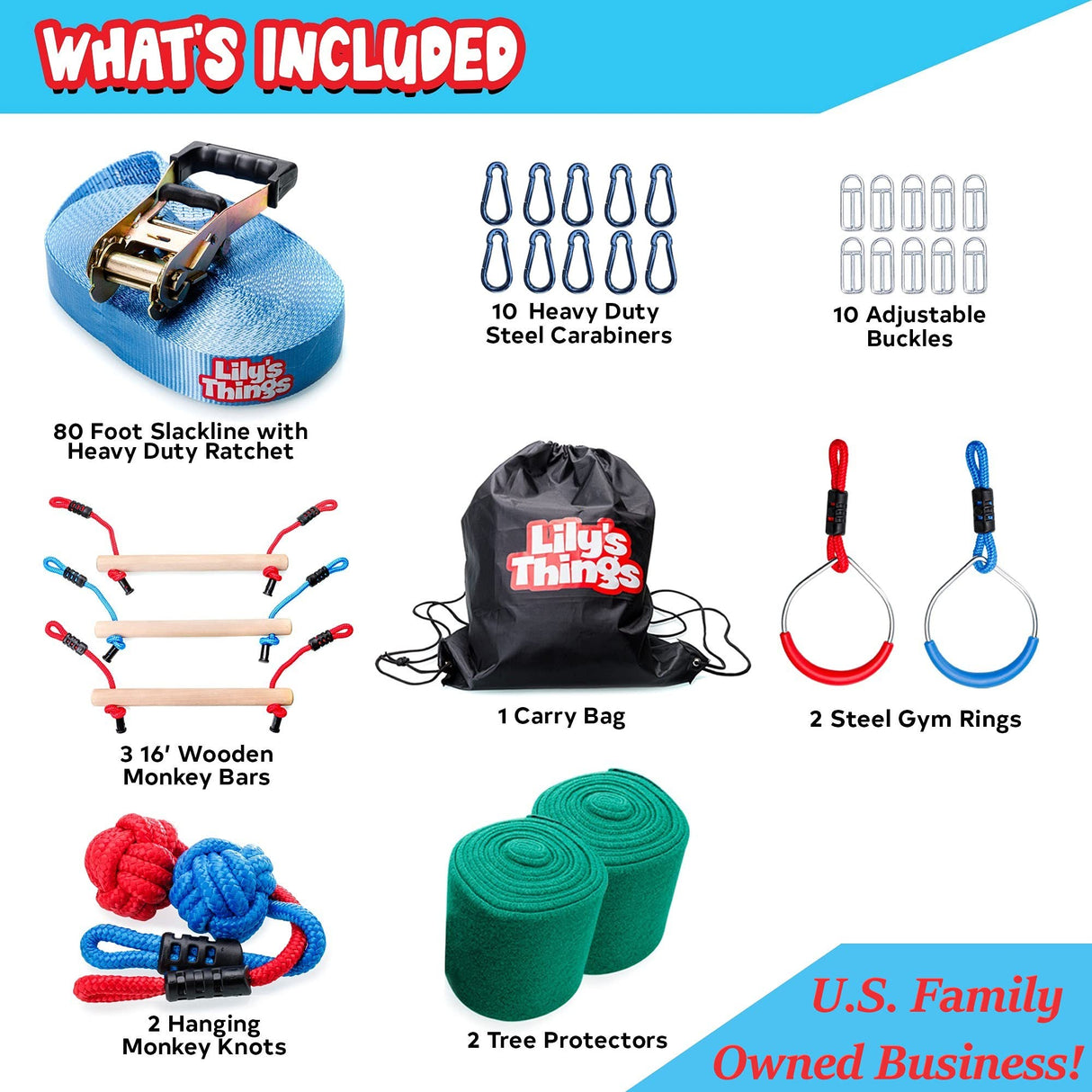 Double Ninja Slackline Obstacle Course for Kids | 80 Foot Line | Ninja Slackline Monkey Bars Playground Equipment | Ninja Ropes Course | Patented Double Line Design Lily's Things