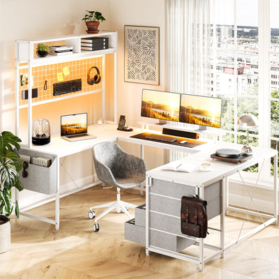 Tioutbot U Shaped Computer Desk with Drawers, 78.7" Reversible Home Office Desk with Monitor Stand and LED Lights, Bedroom Game Table with Hutch, Storage Shelves and Power Outlets, 4 Drawers - White
