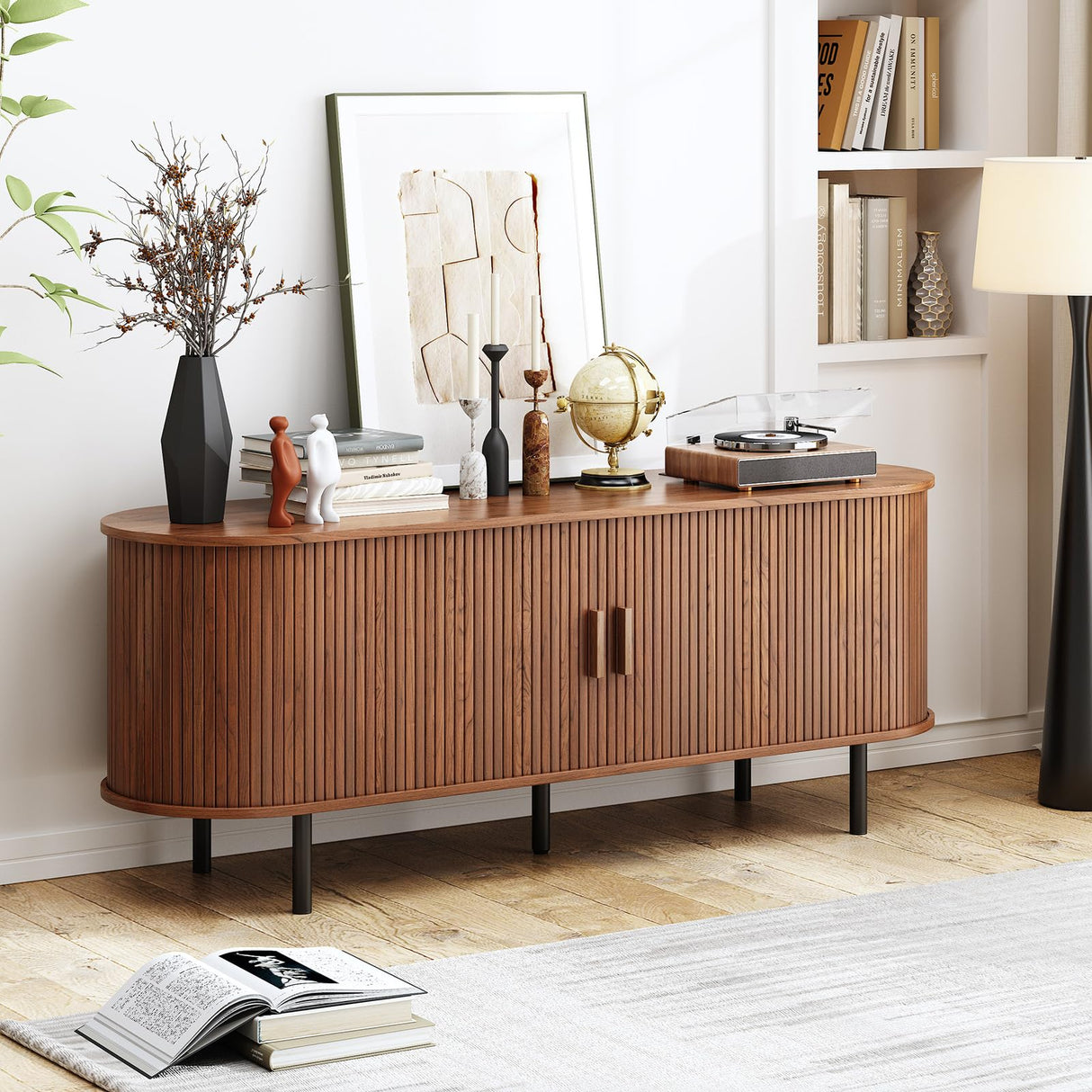 TV Stand with Power Outlet, Mid-Century Modern Television Stand, Media Console with Sliding Doors, Entertainment Center for TVs up to 60 Inch, Adjustable Shelves, Walnut ComfyCorner