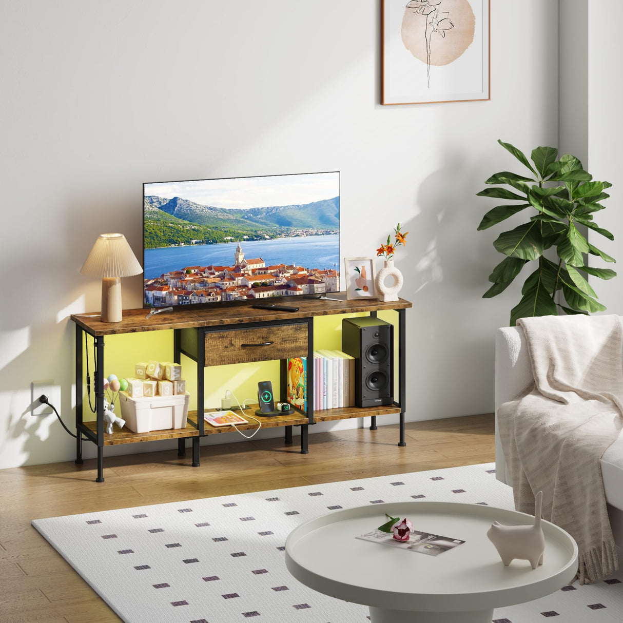 GYIIYUO LED TV Stand with Power Outlet and Fabric Drawer for 55 50 45 Inches TV - Entertainment Center and Industrial TV Console Table for Living Room, Bedroom- 47" Rustic Brown GYIIYUO