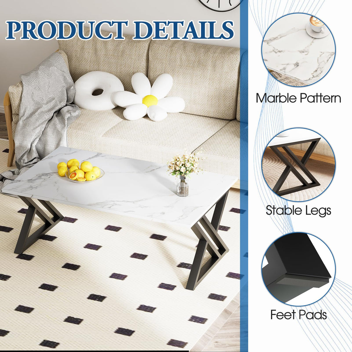 Wolawu Coffee Table White Living Room Center Table, Simple Modern Faux Marble Rectangular Tea Table with Sturdy Black Metal Frame,Industrial Wooden Coffee Table for Bedroom Home Office Wolawu