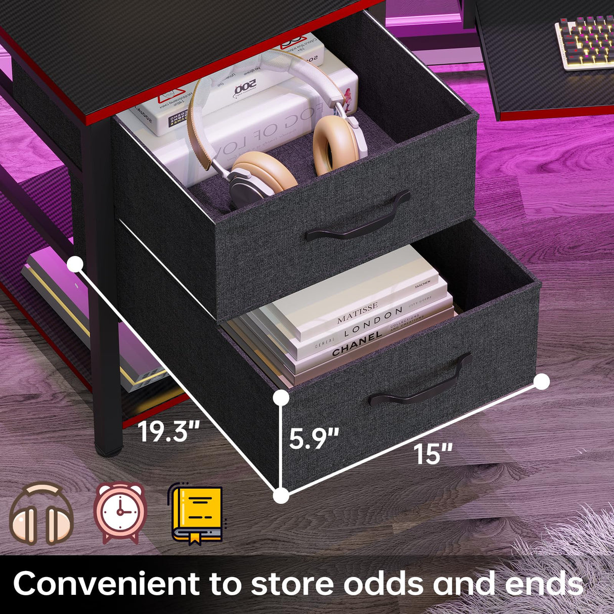 SEDETA 79" Gaming Desk, Computer Desk with 2 Fabric Drawers & LED Light, L Shaped Gaming Desk with Storage Shelf for Home Office, Carbon Fiber Black&Red SEDETA