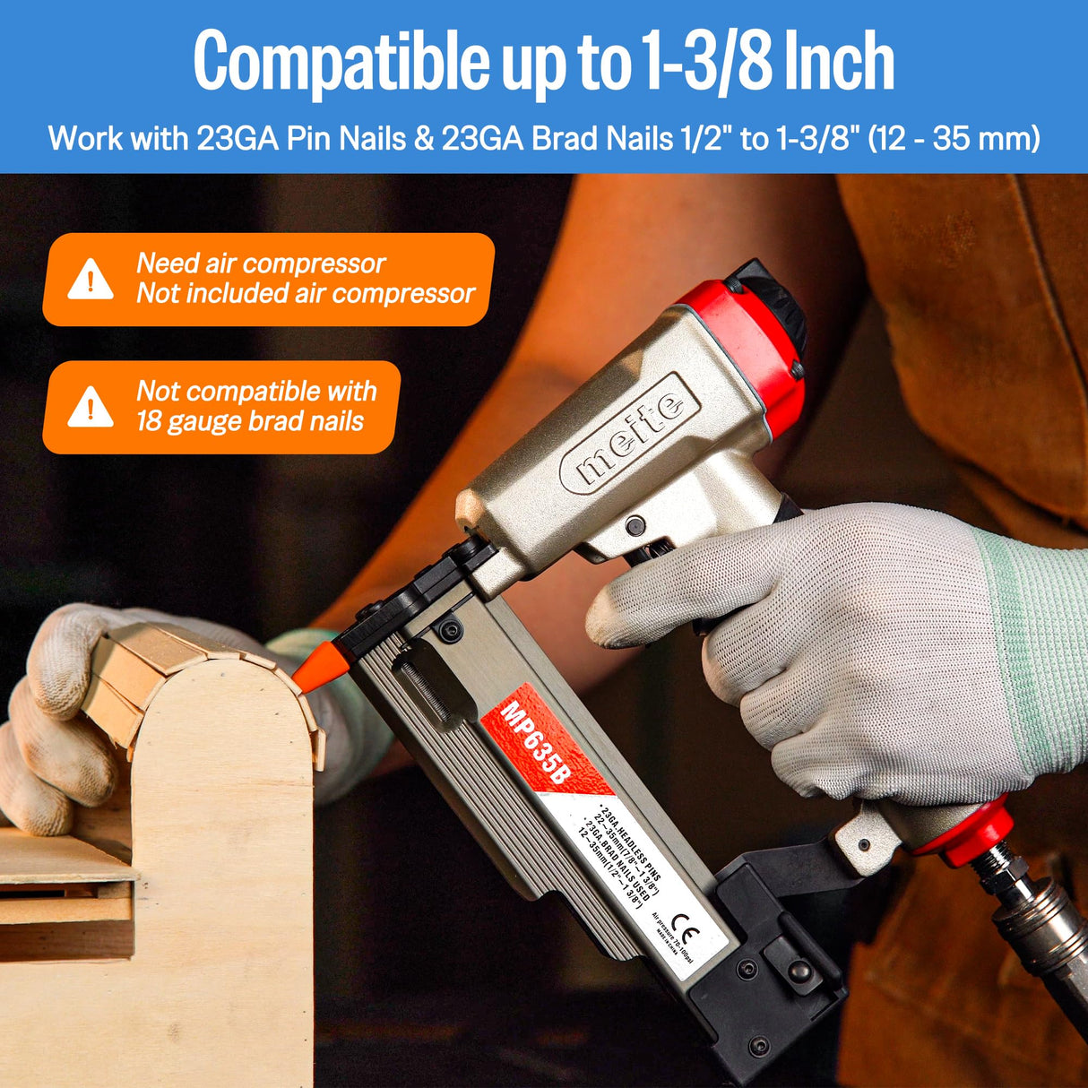 meite MP635B Pin Nailer, Pneumatic 23 Gauge Pin Nailer, Air Micro Pin Nail Gun, Fits 1/2" to 1-3/8" 23 Gauge Pin Nails, Ideal for Paneling, Small Trim, Fine Molding, and Craft Work meite