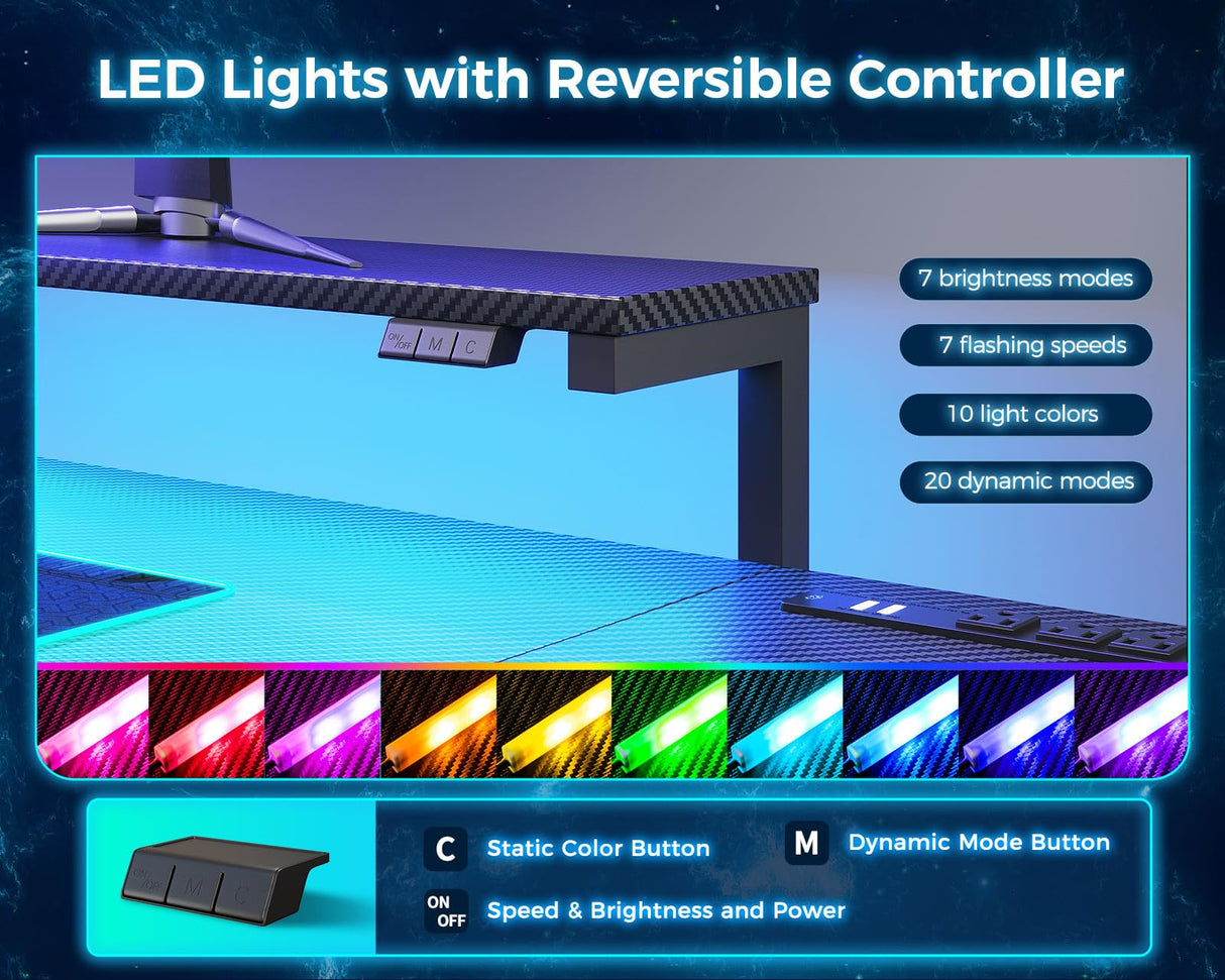 MOTPK L Shaped Gaming Desk with Power Outlet, Reversible Gaming Desk with Height Adjustable Monitor Stand, Gaming Computer Desk 43inch with LED Lights, Home Office Desk, Black MOTPK