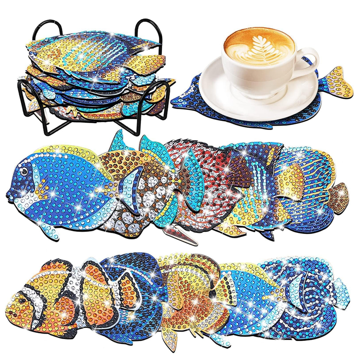 YLOLUL 10 Pcs Summer Fish Diamond Art Coasters Tropical Fish Shape Diamond Art Kits DIY Coasters with Holder for Beginner Adults Kids Craft Supplies Gift YLOLUL