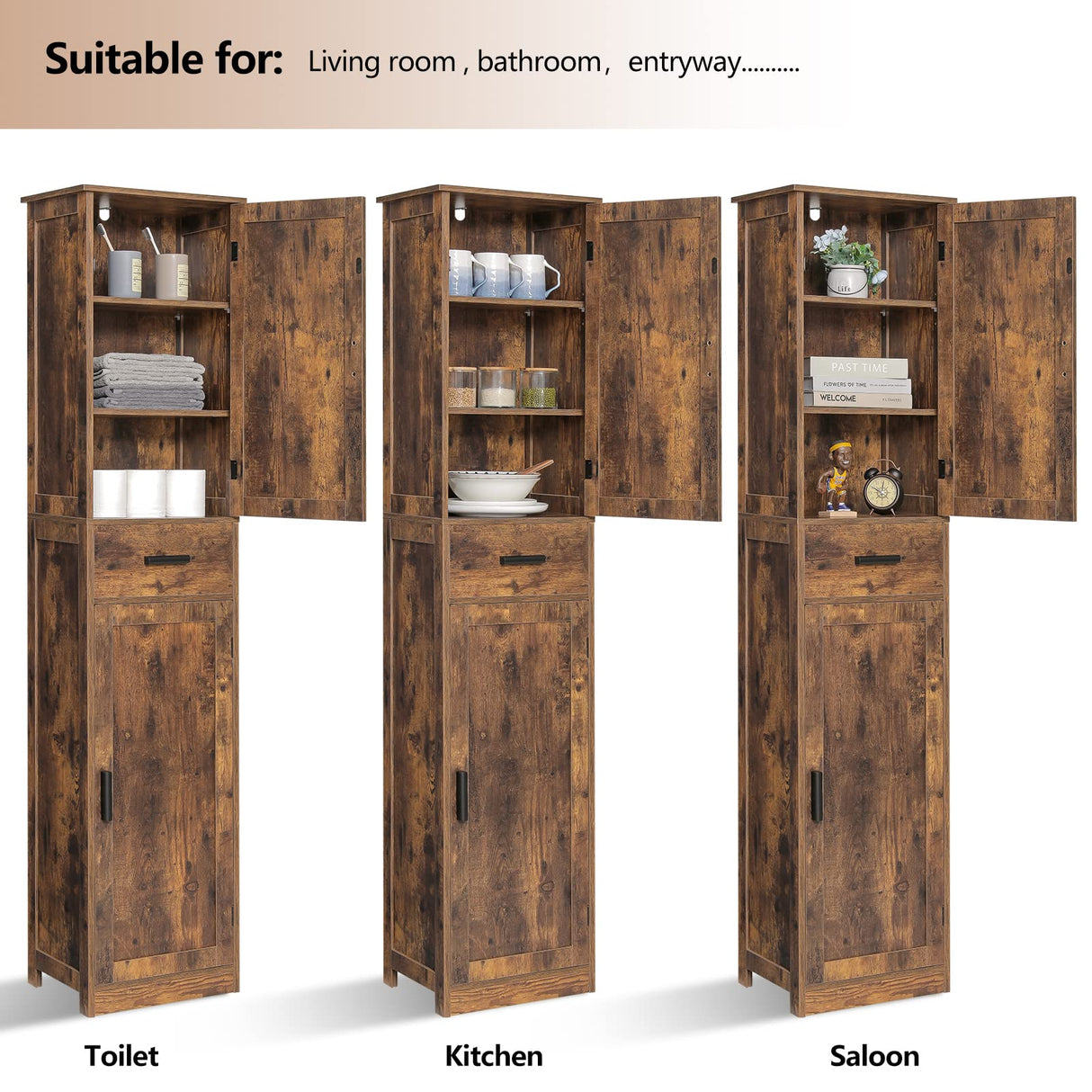 Usikey 67" Rustic Brown Tall Storage Cabinet with Adjustable Shelves & 2 Doors usikey