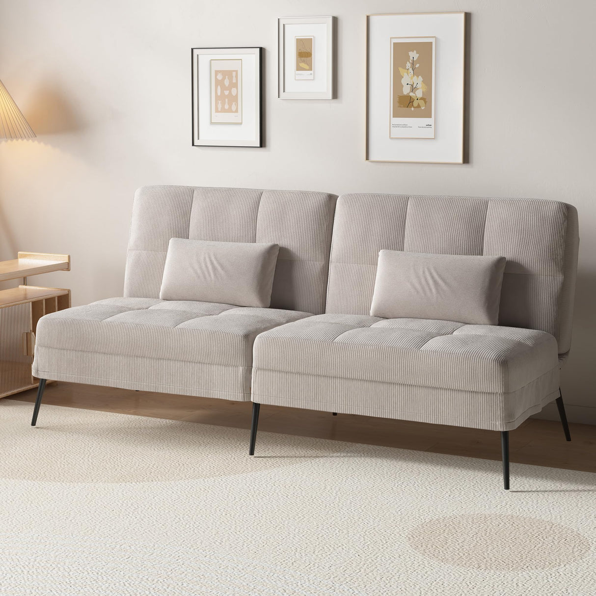 COMHOMA Convertible Futon Sofa Bed, 68" Corduroy Futon Couch with Adjustable Backrest, Folding Futon Loveseat for Living Room, Bedroom (Cream) COMHOMA