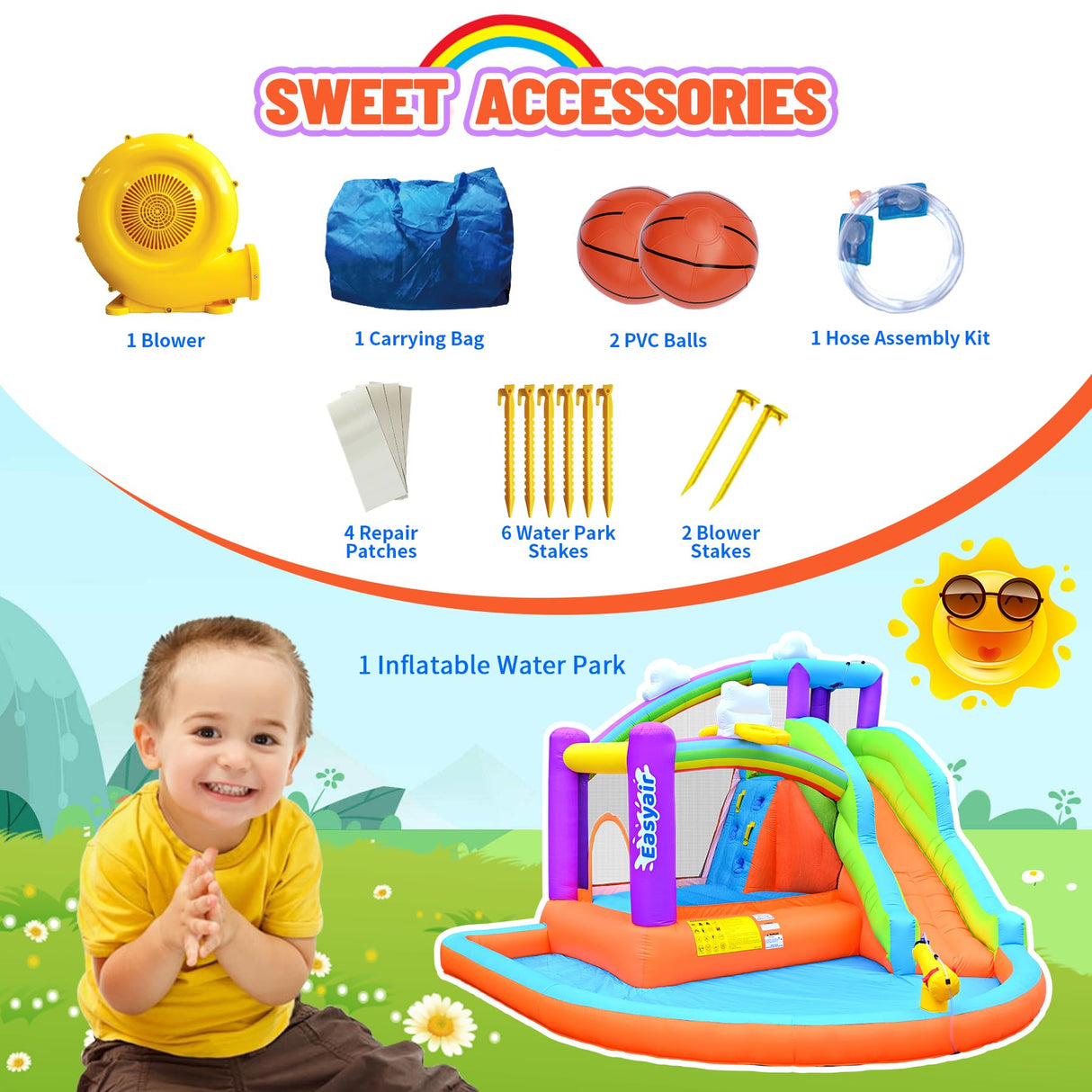 Easyair Inflatable Bounce House Water Slide for Kids, Rainbow Cloud Splash Pool, Indoor Or Outdoor Bouncy Castle, Climbing Wall, 2 Basketball Hoops, Jumper Included 470W Blower Easyair