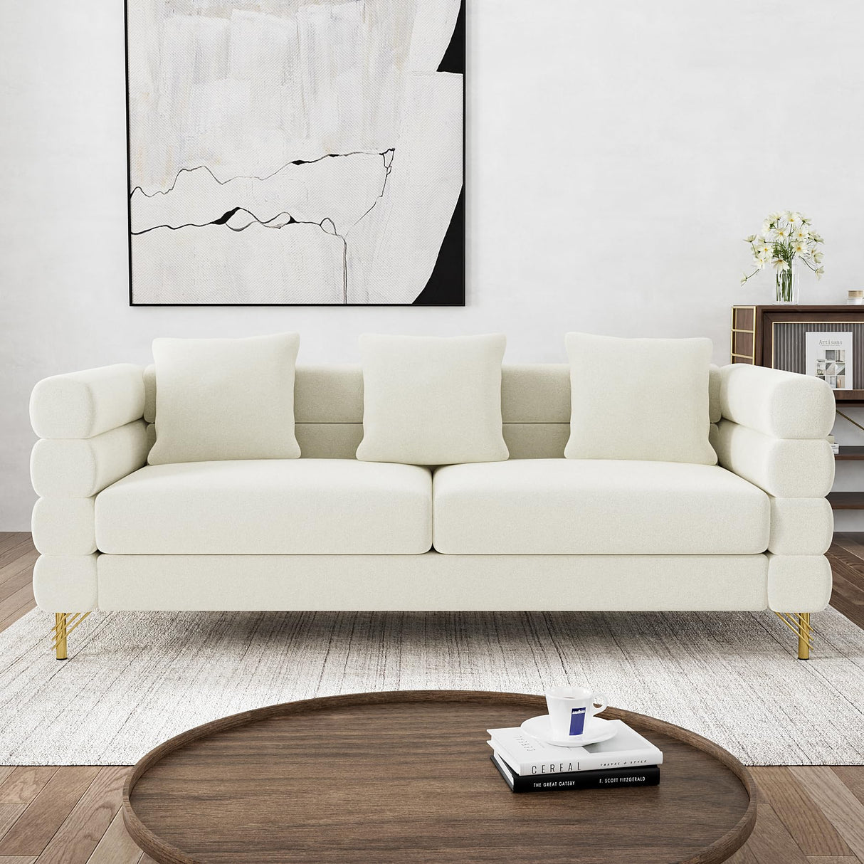 OUYESSIR Cloud Sofa Couch for Living Room, 79" Comfy Deep Seat Velvet Sofa with 3 Pillows and Gold Legs, Modern Upholstered 3 Seater Large Loveseat for Bedroom Office, White Velvet OUYESSIR