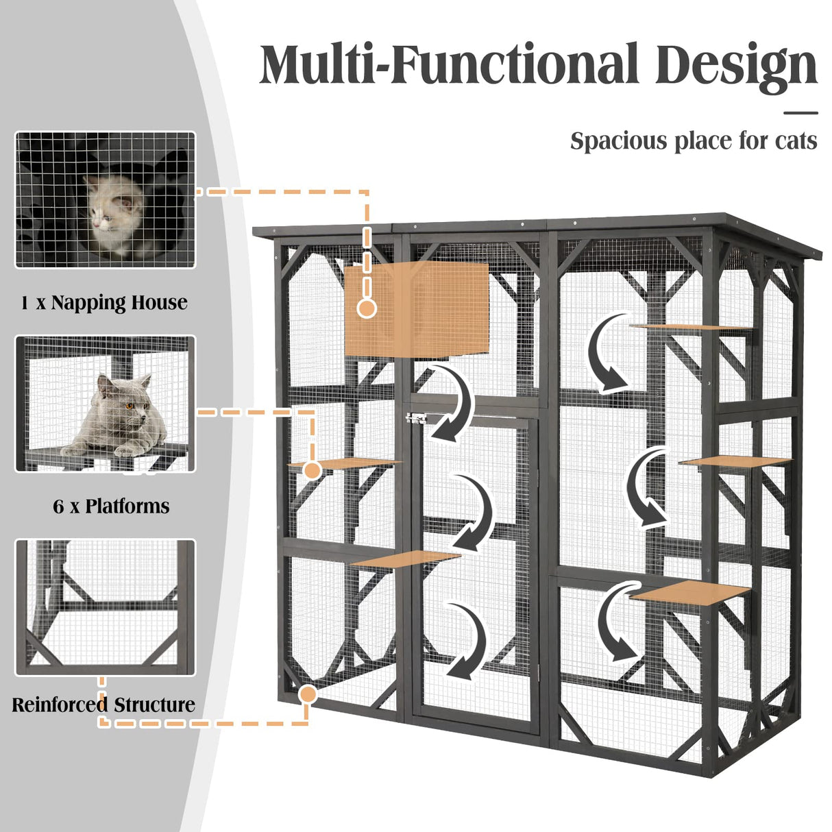 JOVNO Large Outdoor Cat House Catio Kitty Enclosure with Large Enter Door, Wooden Cat Cage Condo Indoor Playpen with 6 Platforms & Small House (Grey) JOVNO