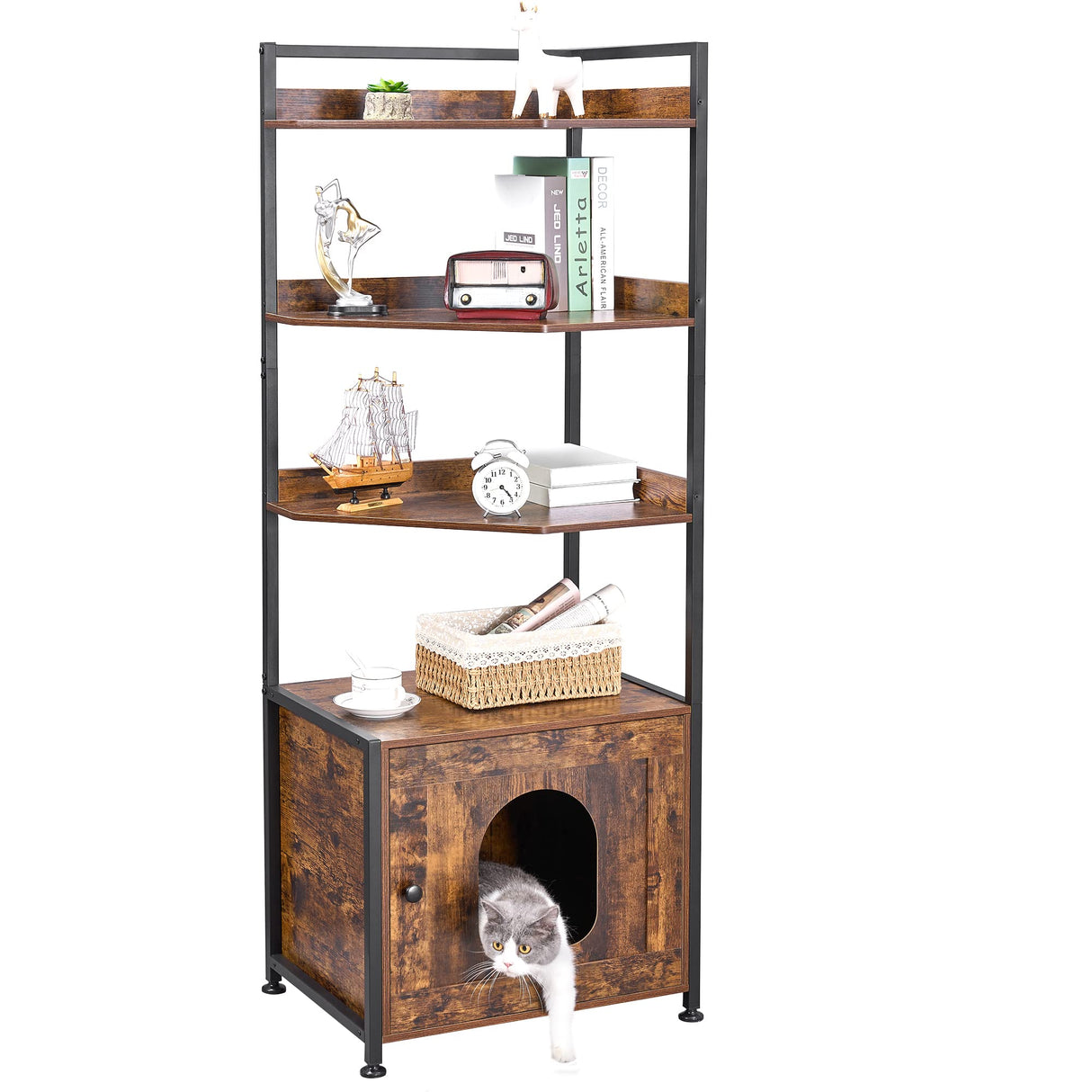 BEWISHOME Cat Litter Box Enclosure Furniture, Hidden Litter Box Furniture for Living Room, Large Cat Furniture with 4 Tier Shelves and Door, Rusitc Brown, CMW06Z BEWISHOME
