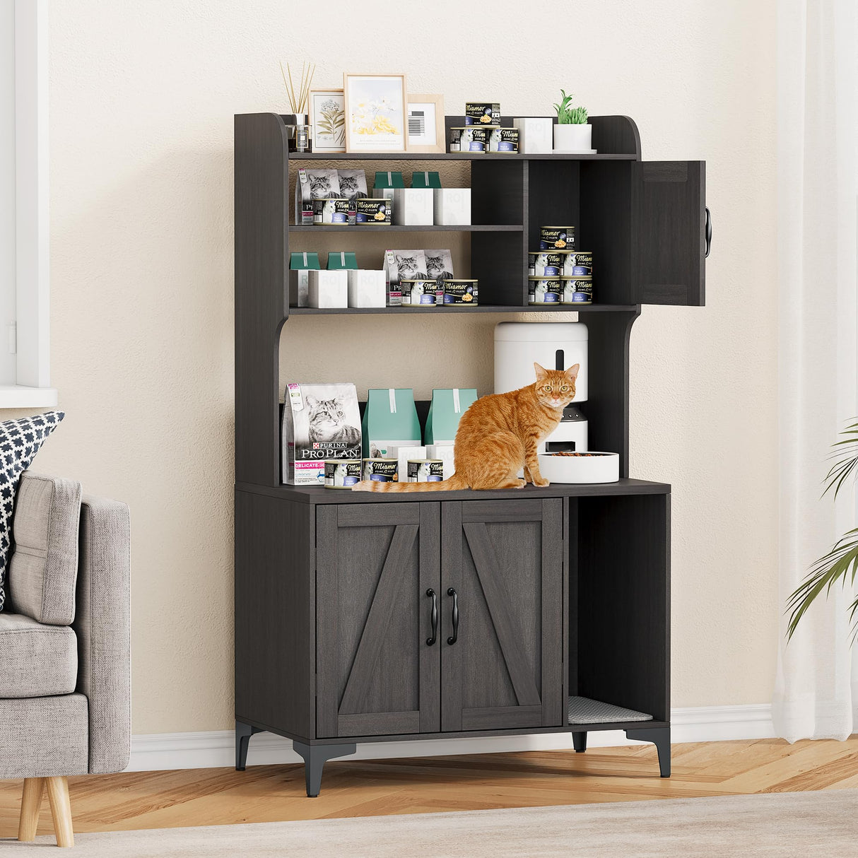 IDEALHOUSE Cat Litter Box Enclosure with Shelves and Doors,Wood Sturdy Hidden Litter Box Furniture,Indoor Cat House Furniture for Most of Litter Box,Litter Box Cabinet,Walnut Color IDEALHOUSE